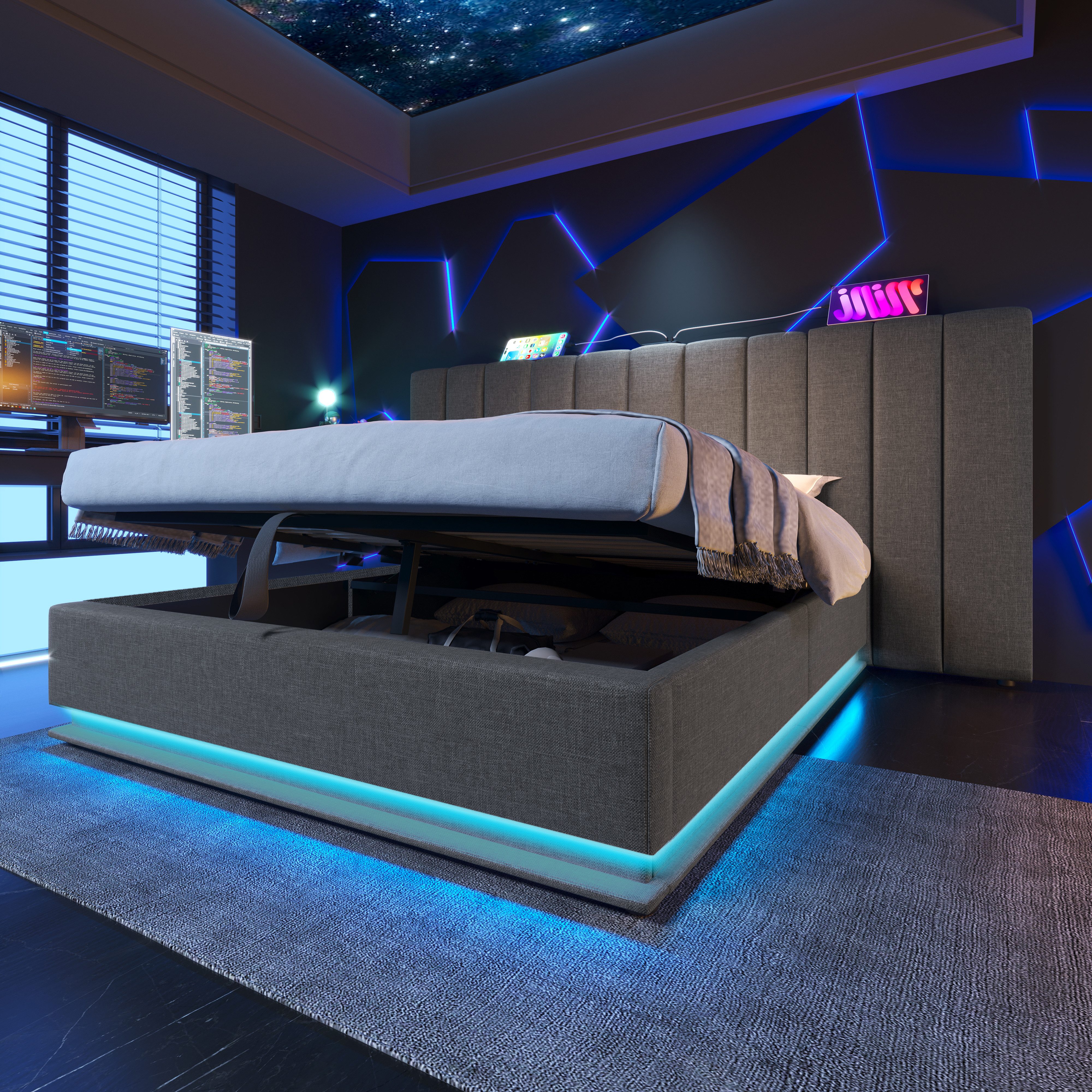 Flieks Polsterbett, Hydraulisches Stauraumbett 180×200cm mit Ladefunktion o günstig online kaufen