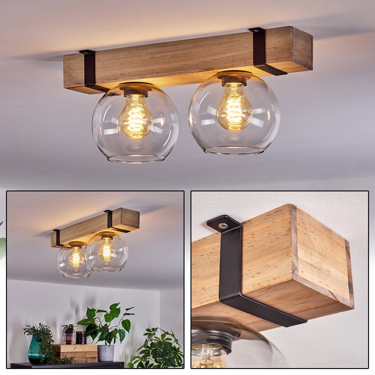 hofstein Deckenleuchte Deckenlampe aus Metall/Holz/Glas in günstig online kaufen