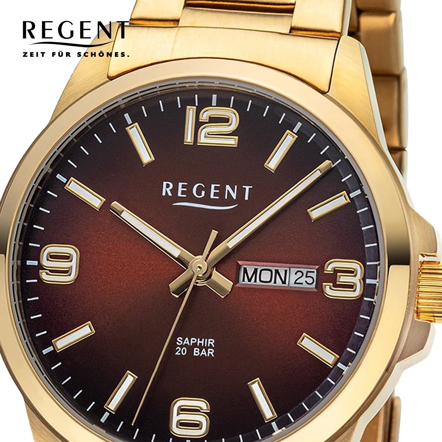 Regent Quarzuhr Regent Herren Armbanduhr Analog, (Analoguhr), Herren Armbanduhr rund, extra groß (ca. 39mm), Metallarmband