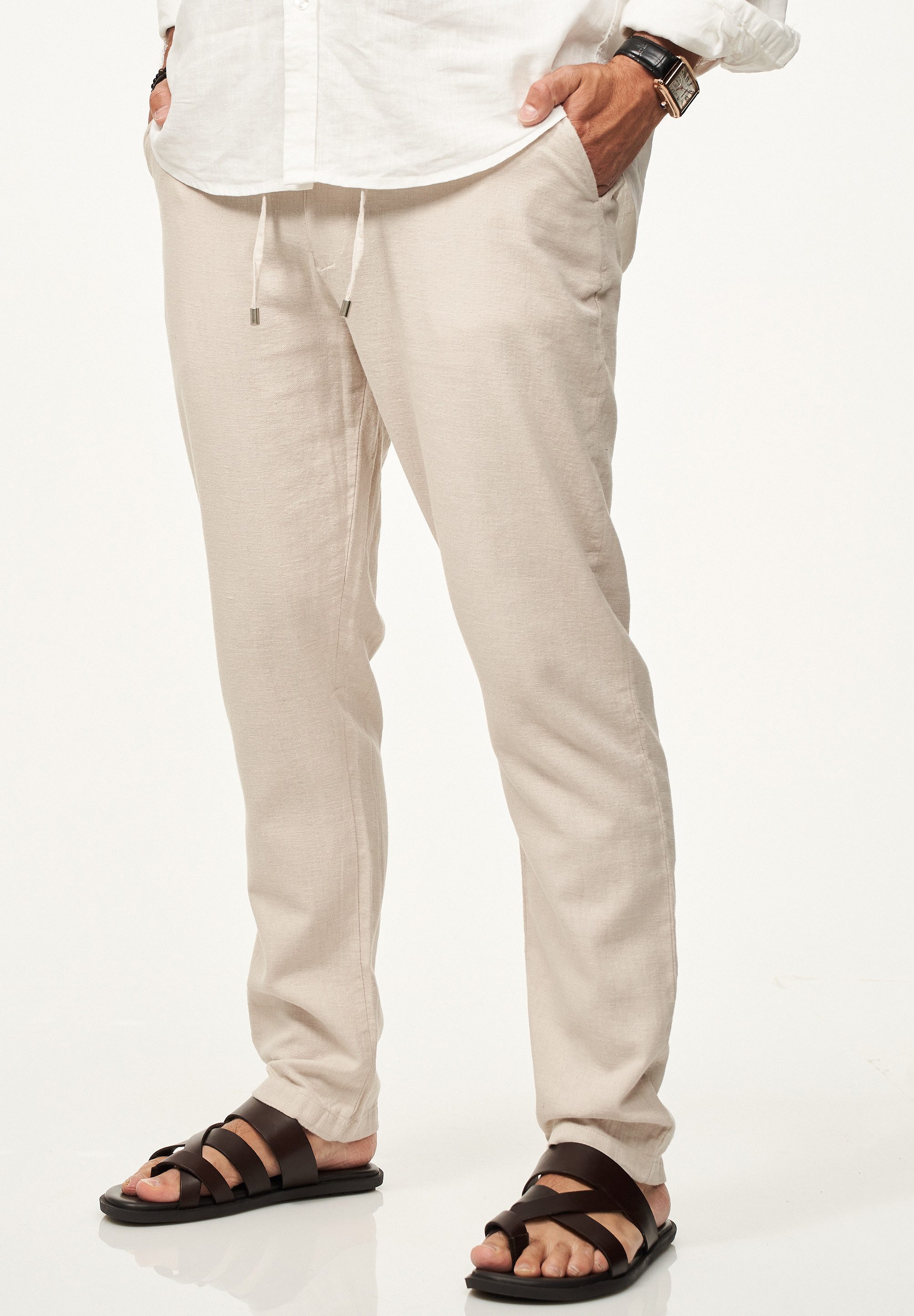 behype Leinenhose im Chinohosen Stil mit Gummibund & Kordel Herren luftige Stoffhose als Sommerhose - Freizeithose