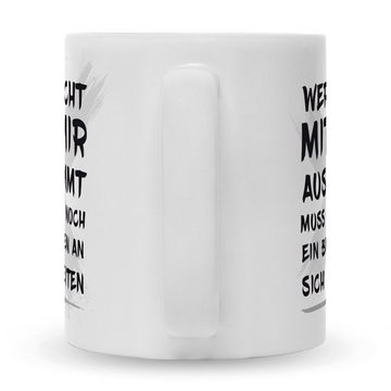 GRAVURZEILE Tasse mit Spruch Wer nicht mit mir auskommt, Keramik, Farbe: Weiß