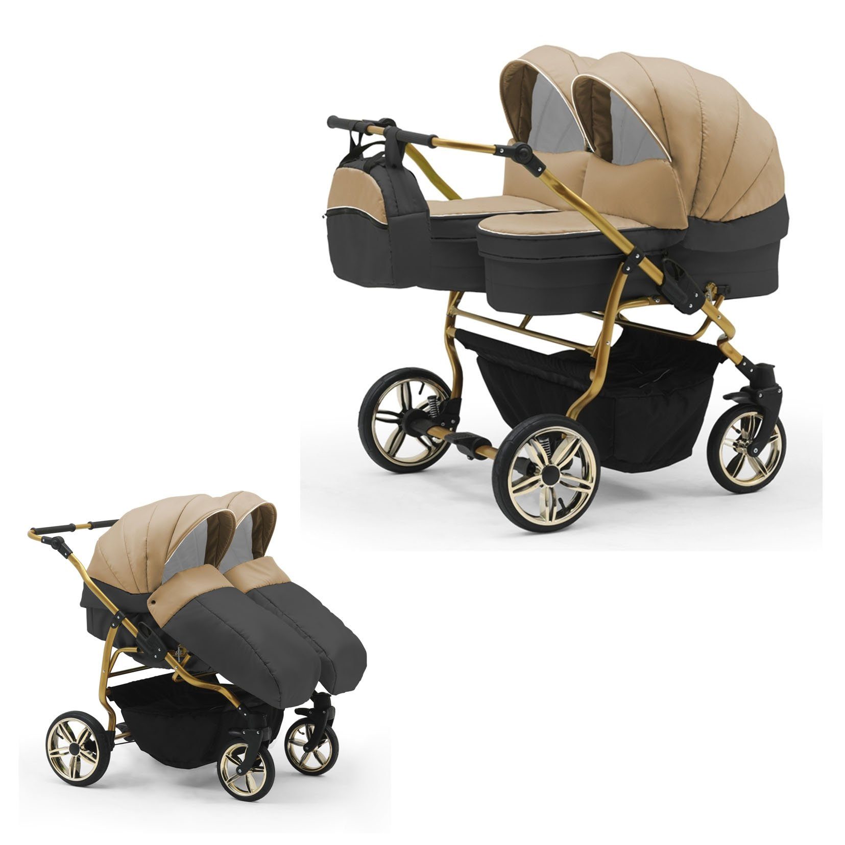 babies-on-wheels Zwillingswagen Zwillingskinderwagen 2 in 1 Duet Lux - 10 Teile - in 33 Farben Cappu-Grau