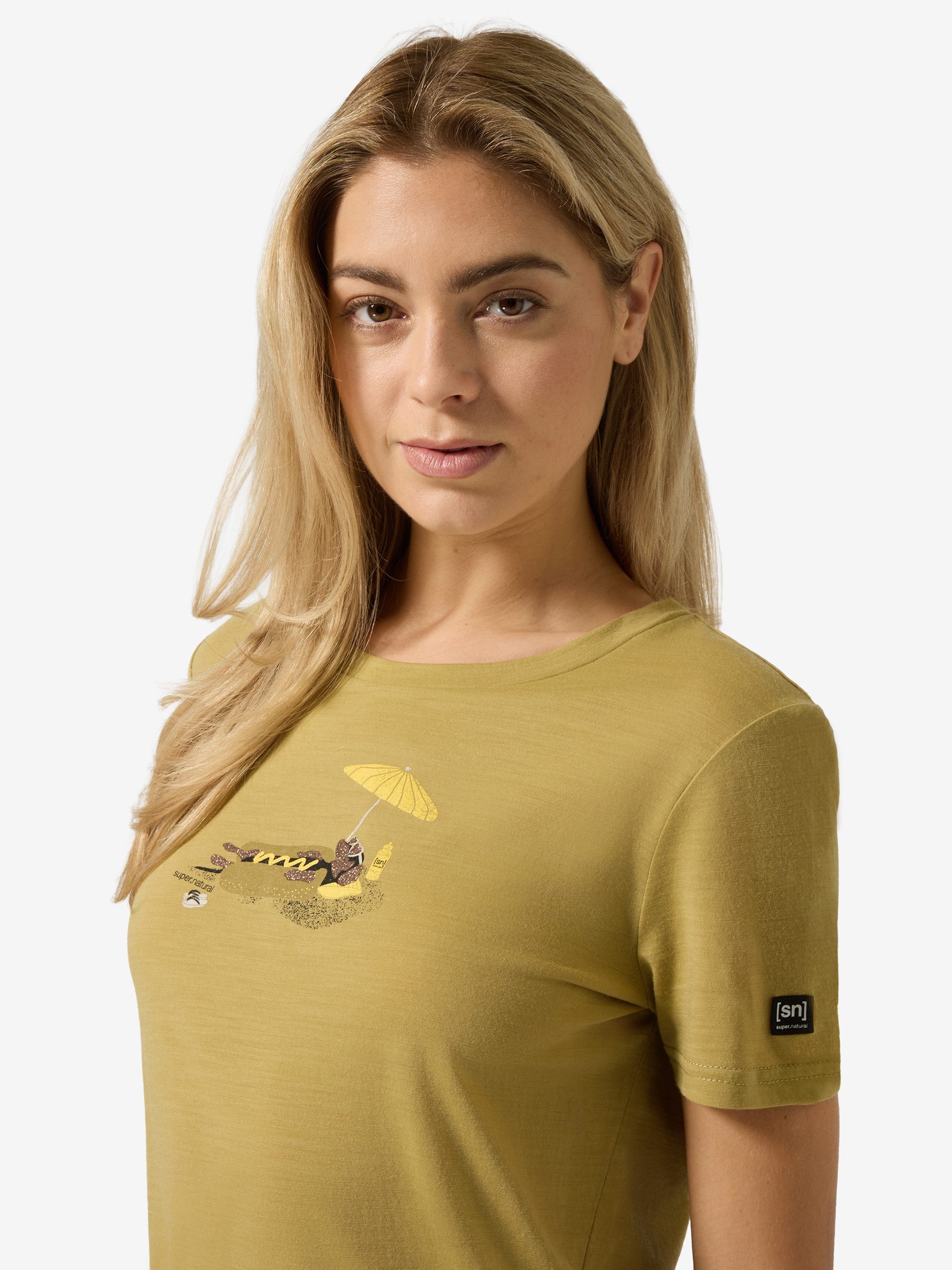 SUPER.NATURAL T-Shirt für Damen,Merino W HOT DOG TEE mit Tier-Motiv, atmungsaktiv