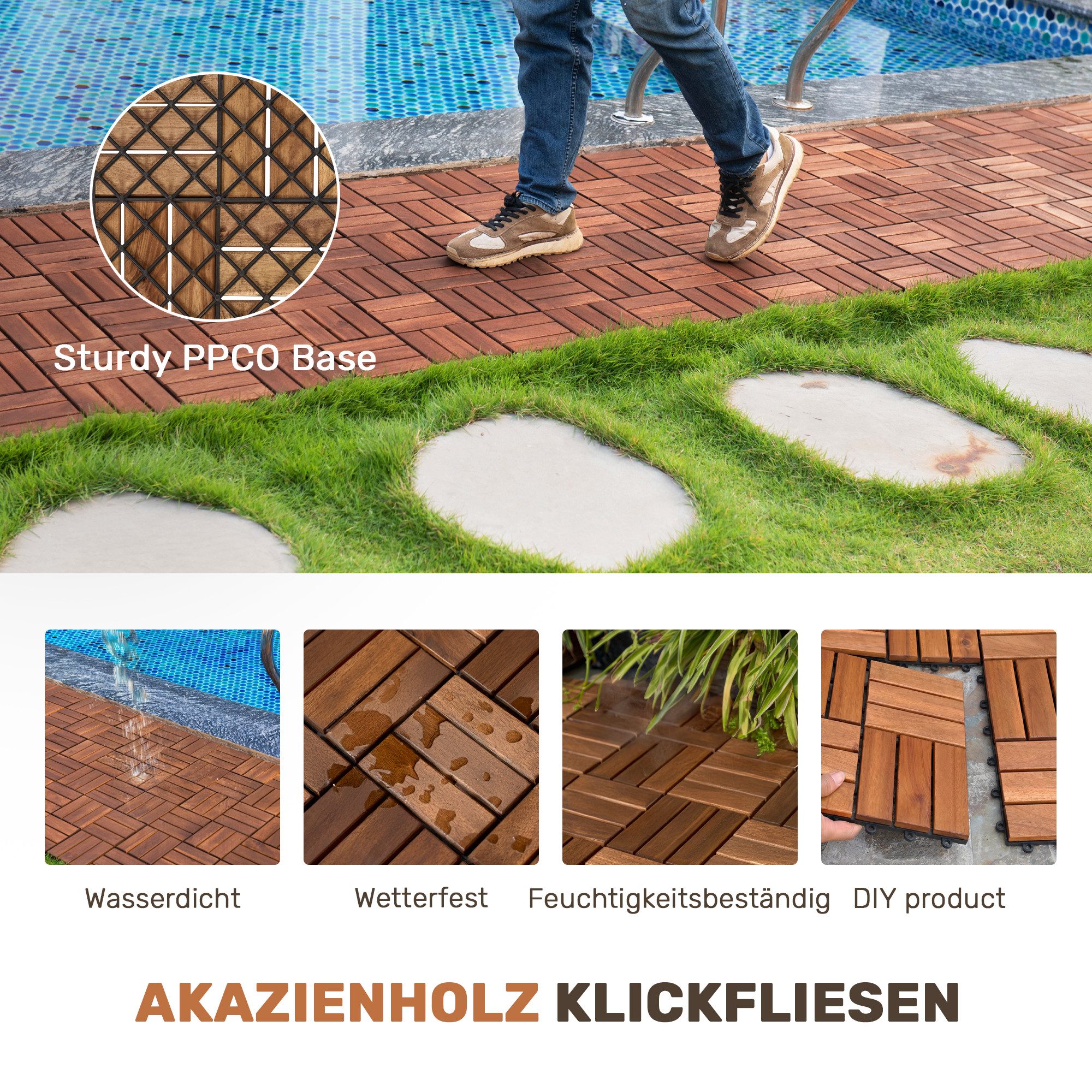 kowdom Holzfliesen Holzfliesen Akazie 30x30 cm, Schachbrettmuster, 11/32er Set, Bodenfliesen, 11 St., wählbar: 11er Set (ca. 0,99 m) oder 30er Set (ca. 2,7 m), Akazienholz, Bodenfliesen, 30x30 cm, wetterfest, DIY
