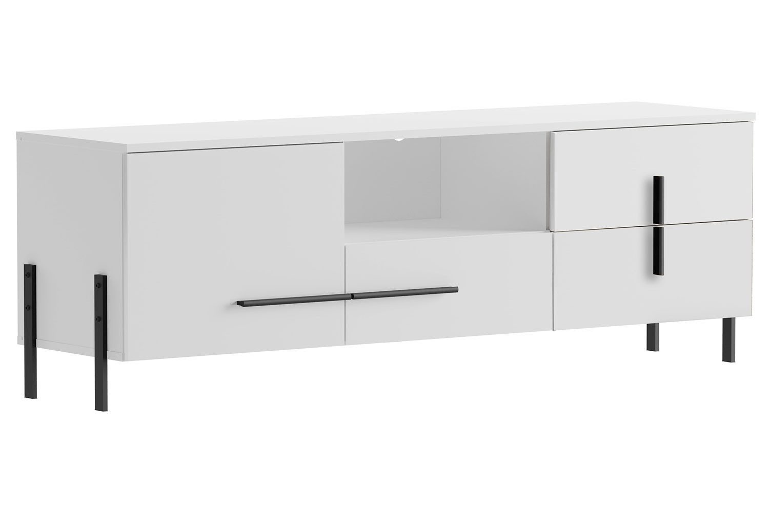 Feldmann-Wohnen Lowboard Vigo (1 Tür, 1 offenes Fach, 3 Schubladen, 1 St., moderne Optik, Kunststoffgriffe & Metallfüße in schwarz matt), 150x40x52cm Korpus weiß / Front weiß Hochglanz