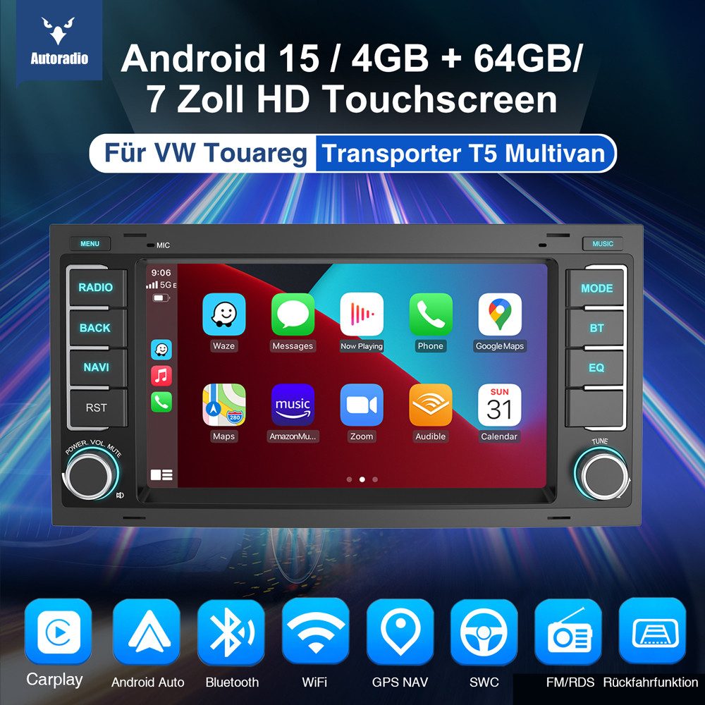 ESSGOO Für VW T5 Multivan Transporter Touareg Autoradio Android 15 Autoradio (RDS, Digitalradio (DAB), FM) – Bild 2 von 5