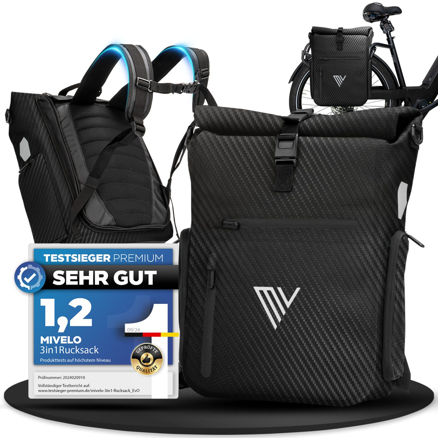 MIVELO Fahrradtasche 3in1 Gepäckträgertasche mit Rucksackfunktion Schultergurt wasserdicht, geräumiges Hauptfach, Außentaschen, Laptopfach