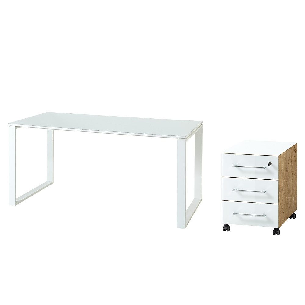 KADIMA DESIGN Büromöbel-Set Schreibtisch-Set MUENCHEN 160x80 cm Glasplatte, Container Abschließbar, (ABS-Kanten, Arbeitszimmer Made in Germany, Home Office, Styroporfrei), Workstation, Soft-Close, Made in Germany, Büromöbel Modern, Tisch Büro