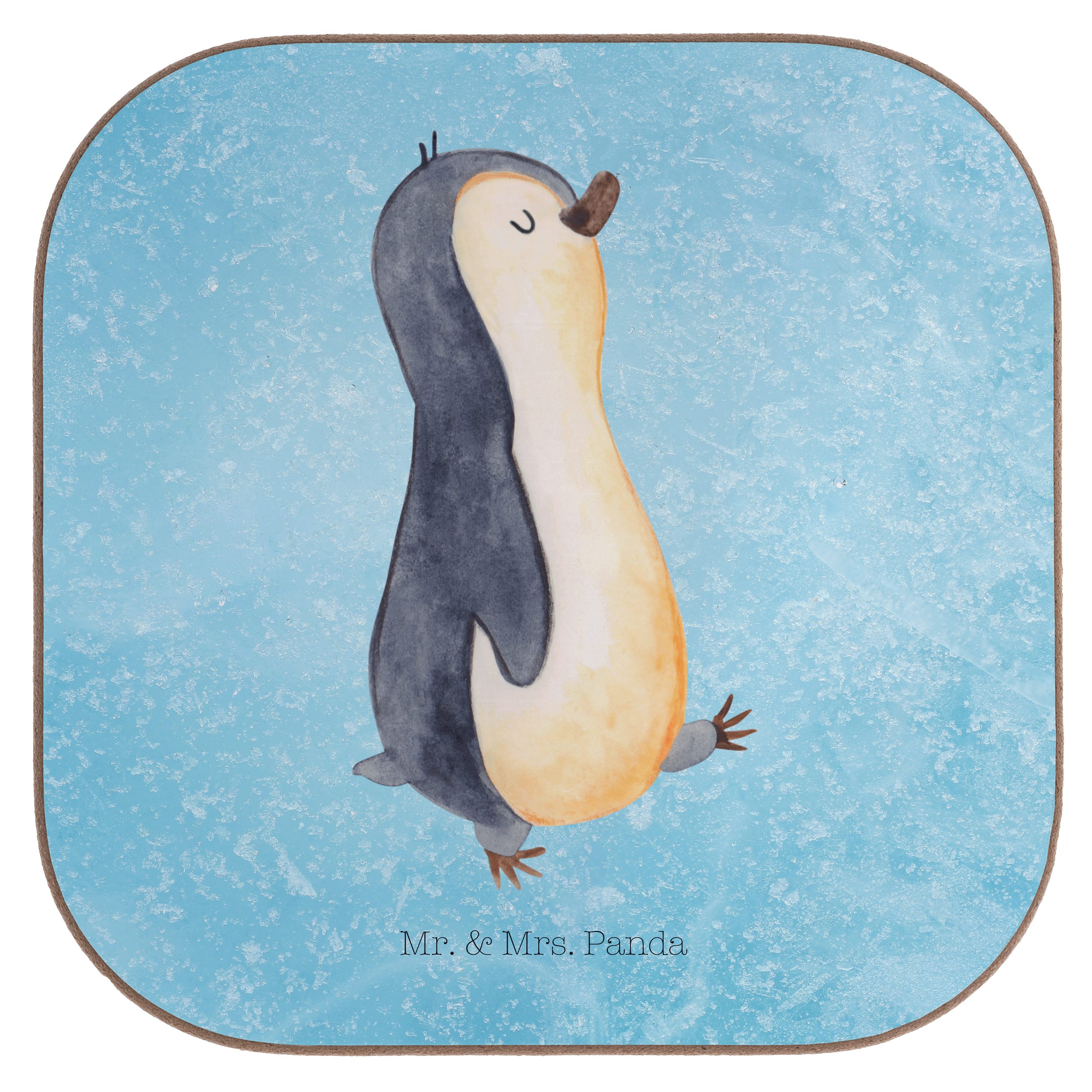 Mr. & Mrs. Panda Getränkeuntersetzer Pinguin marschierend - Eisblau - Geschenk, zufrieden, Schwester, Unte, 1-tlg.