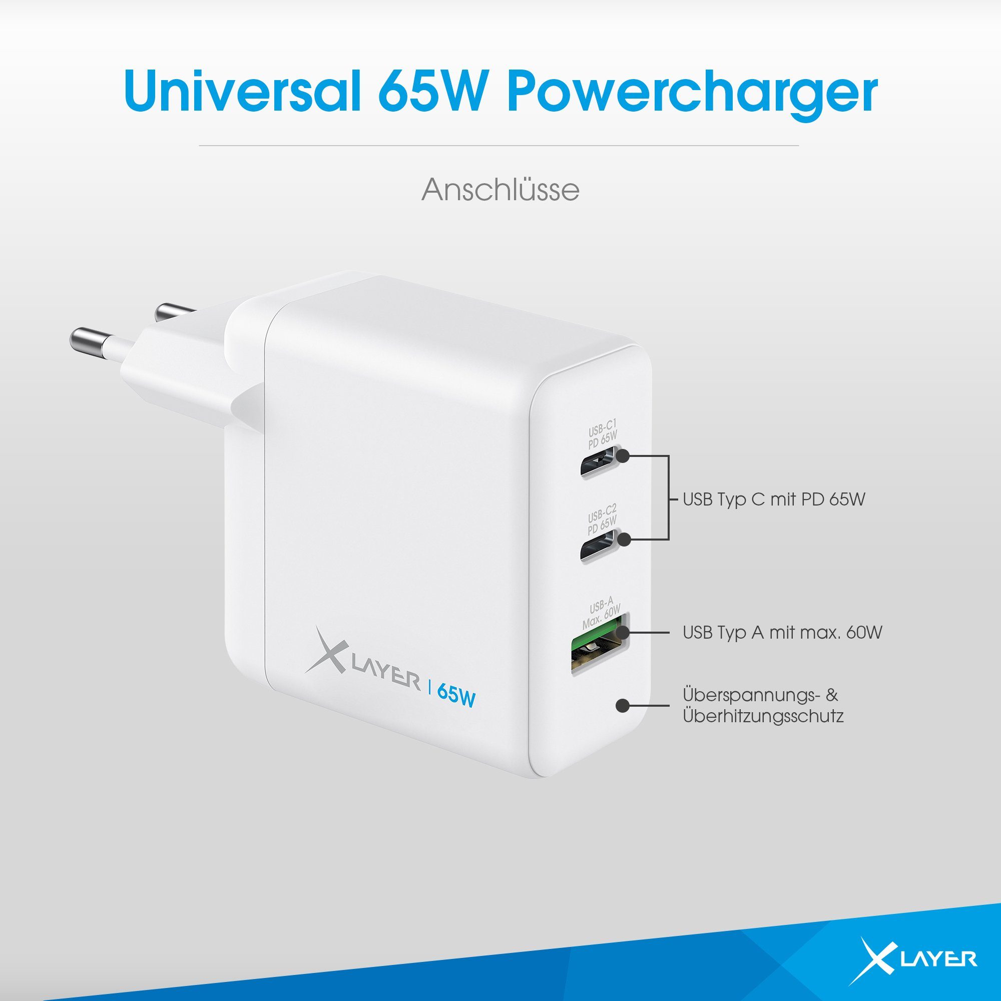 XLAYER Powercharger 65W USB-C Schnellladegerät Technologie GaN 3-Port Weiß Smartphone-Ladegerät