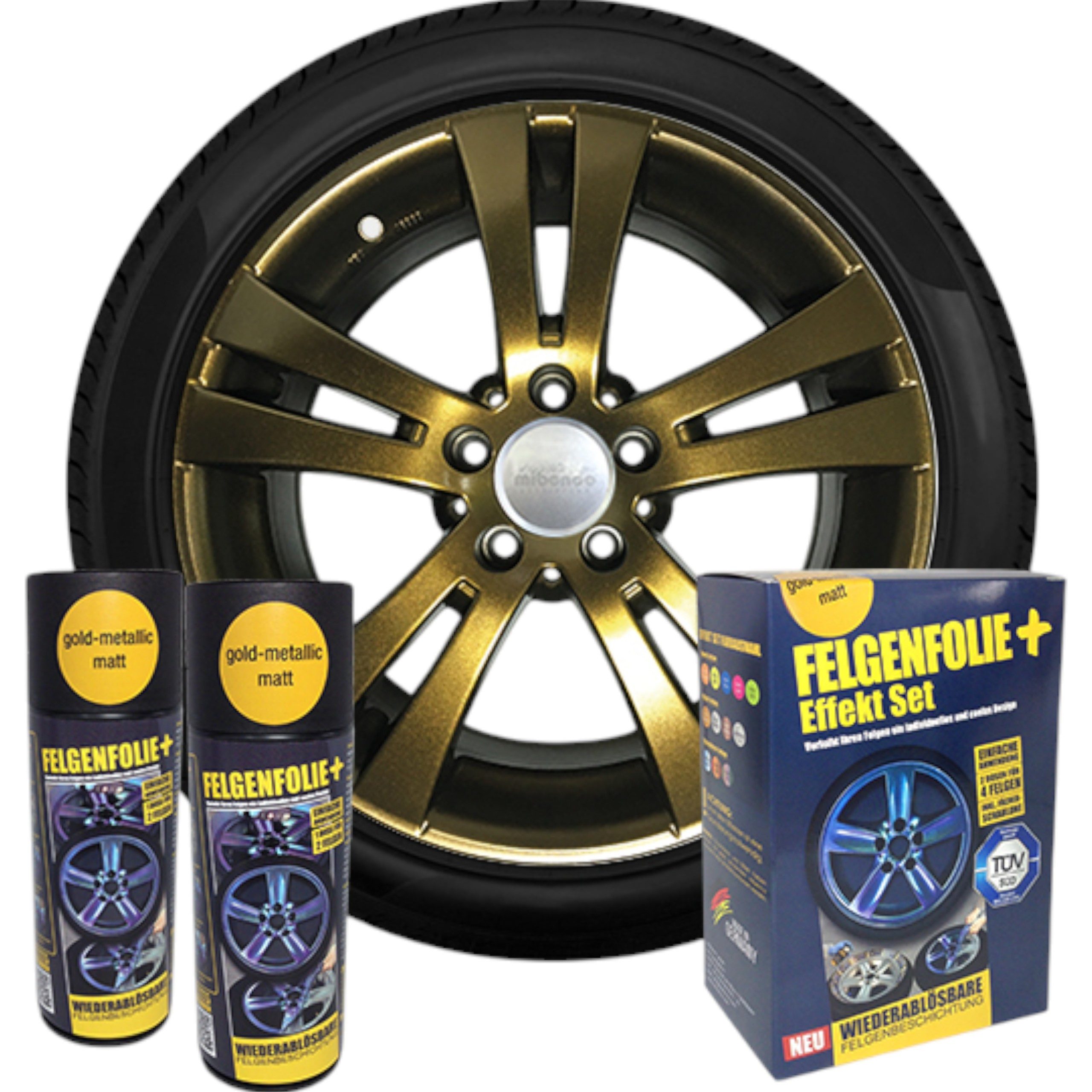 mibenco Felgenaufkleber mibenco Felgenfolie + Effekt Set 2×400 ml Gold Metallic – Sprühfolie