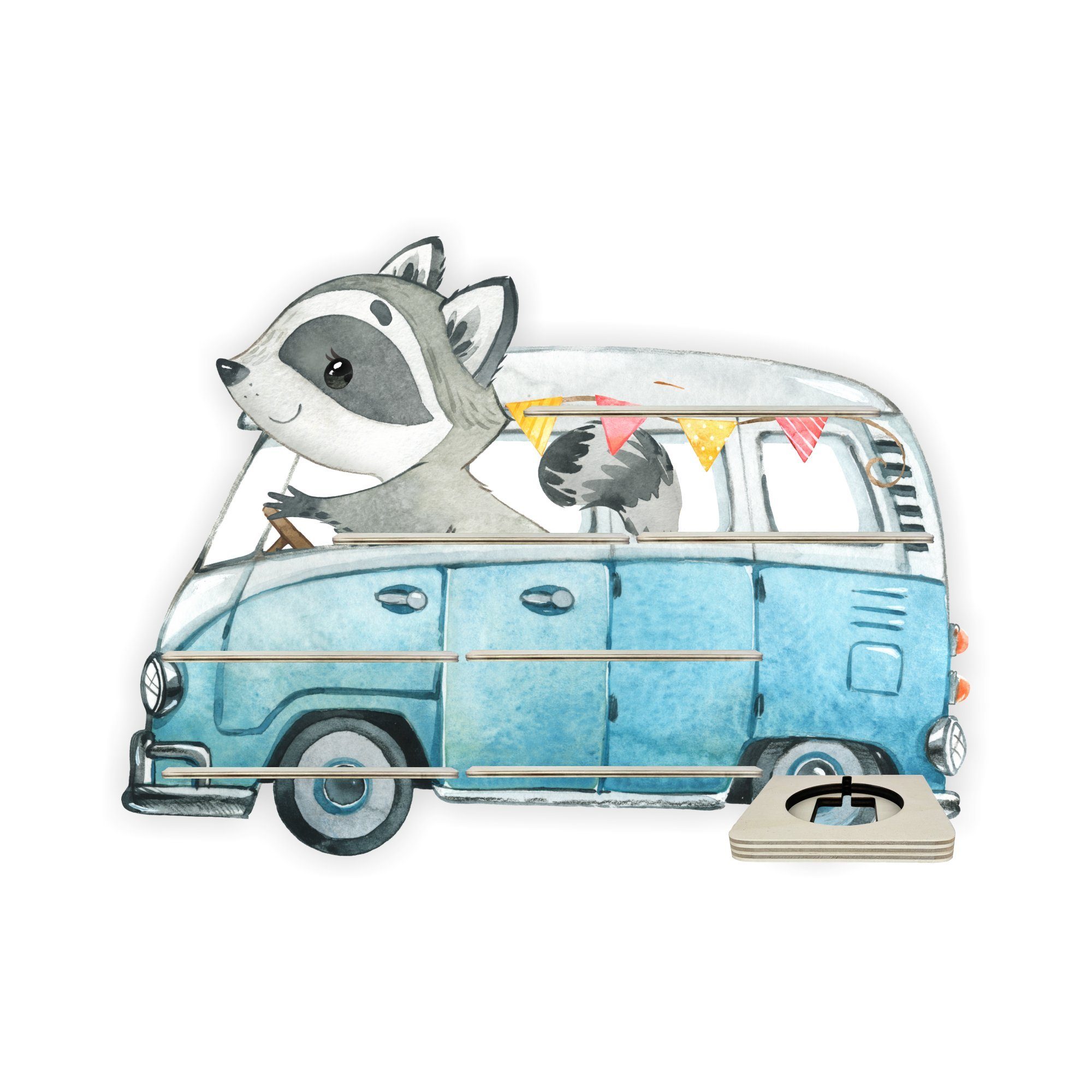 Farbklecks Collection ® Wandregal Regal für Musikbox - Auto Freunde Bus Waschbär