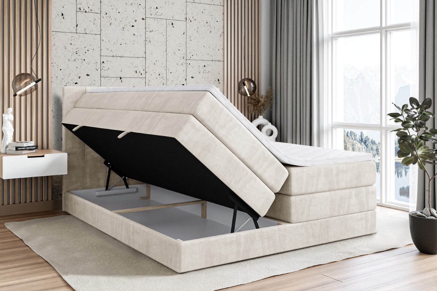 ALTDECOR Boxspringbett VELANTO-BZ KING (mit Matratze und Lattenrost Topper Polsterbett mit Bettkasten Boxbett), H4 Multipocket, H3 Bonellfederung, Doppelbett Springboxbett