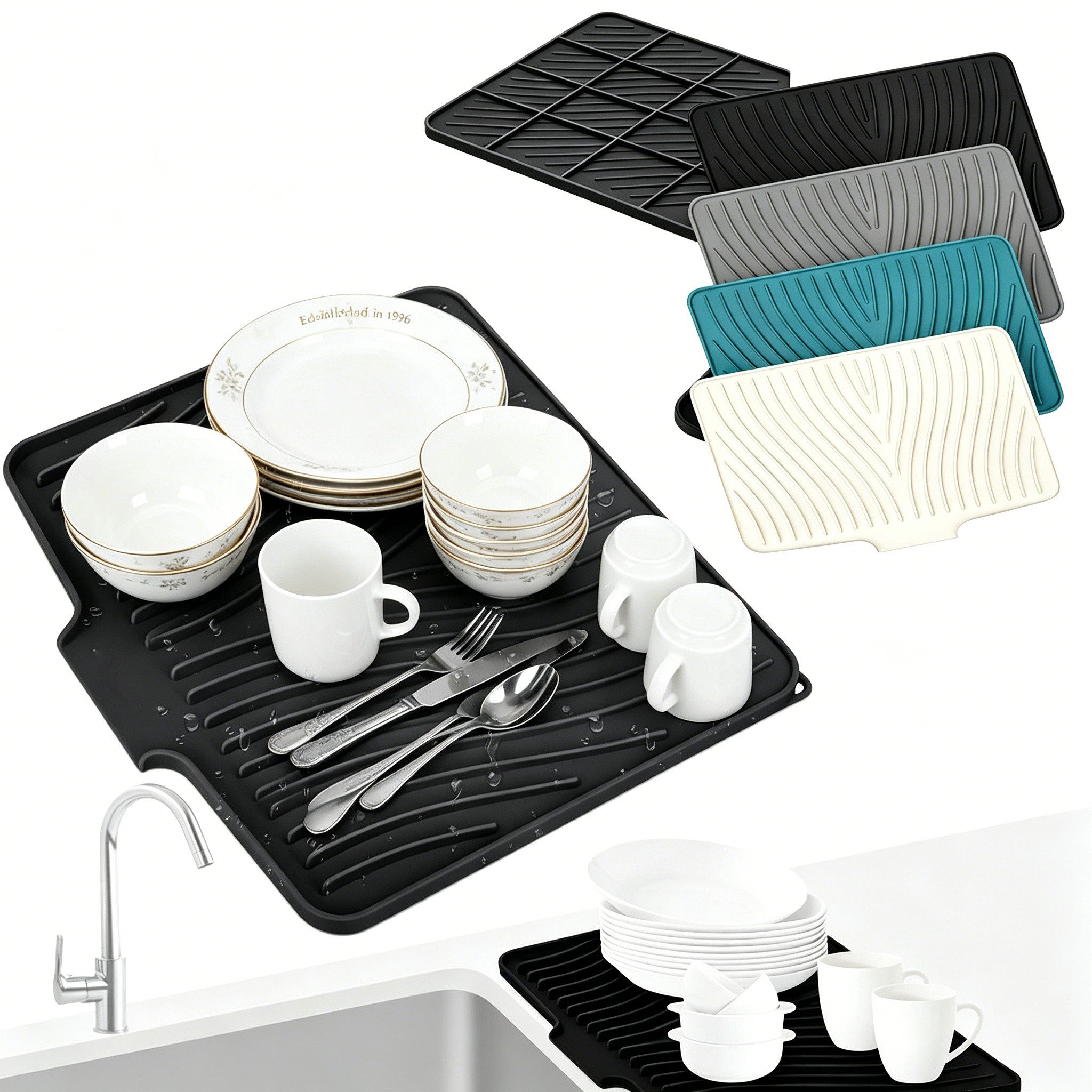 Diwzbyn Abtropfmatte Abtropfmatte Silikon 40x30cm, Selbstentwässernd für Spülbecken, Seifenschale mit Abtropffunktion für Schwamm, Bürste, Küche & Bad