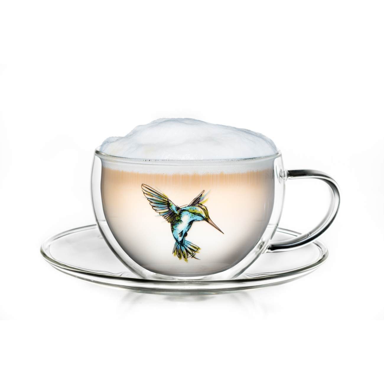 Creano Teeglas Thermo Tasse mit Untersetzer “Blau” 250ml, Borosilikatglas, 2-teilig