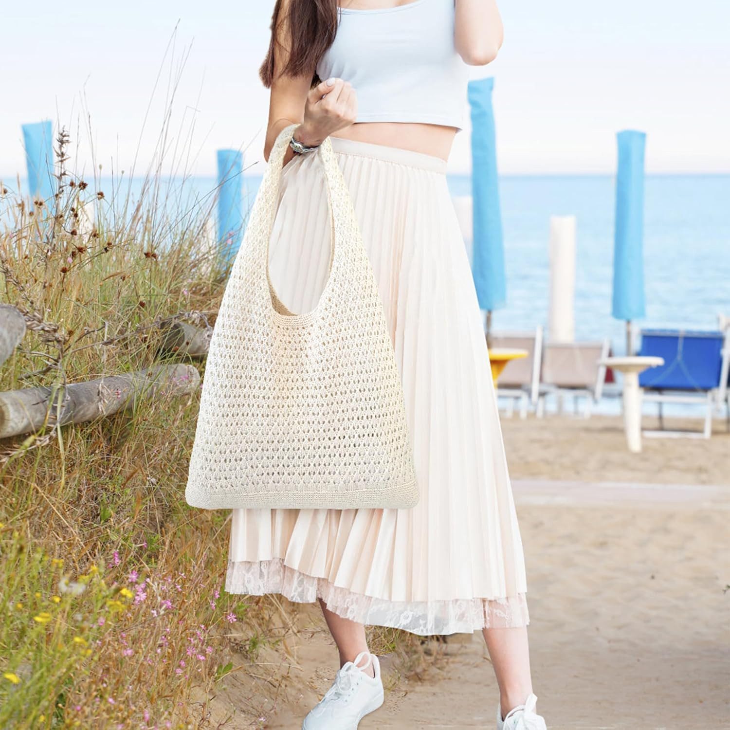 FOUORTUNATE-BEE Schultertasche Boho Stricktasche – Groß, vielseitig und perfekt für den Alltag, Modische Bohemian Stricktasche für Freizeit und Alltag