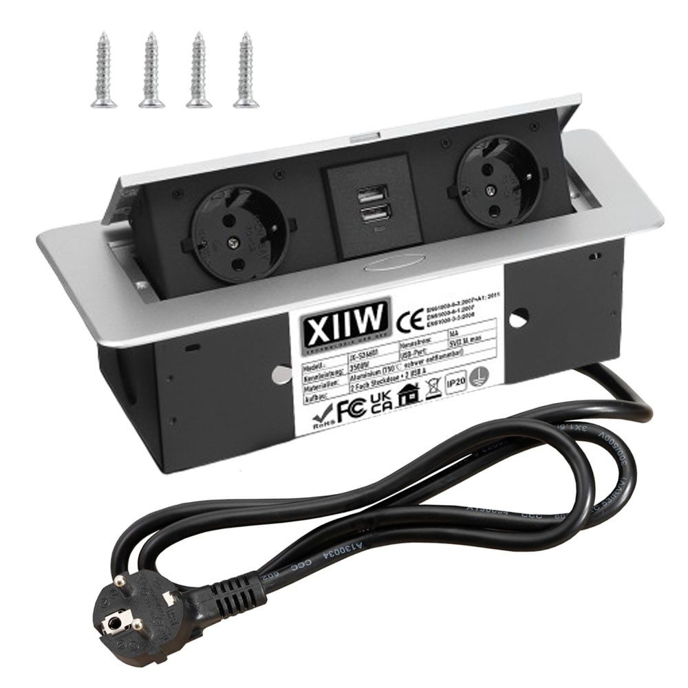 XERSEK Premium Mehrfachsteckdose Einbau Tischsteckdose Steckdosenleiste Einbau-Tischsteckdosenleiste 2-fach (Netzteil, USB-Anschluss, 2 Fach + 2 USB Versenkbare Unterbausteckdose Ecksteckdose Bodensteckdose (inkl. Netzteil, Kabellänge 1.8 m), 750℃ Schwer Entflammbar, aus Alu, 230V, Silber, für Büros Boden Küche, Kabellänge 1.8 m)