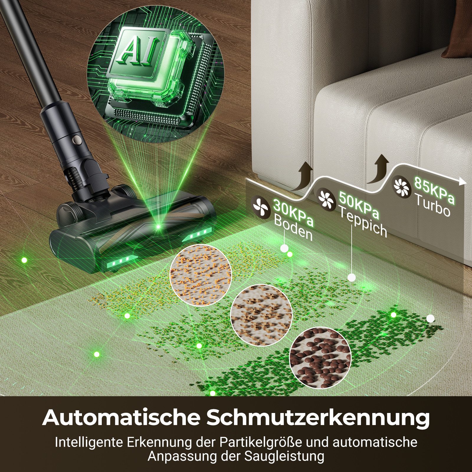 Proscenic Akku-Hand-und Stielstaubsauger kabellos, All in 1,85000PA/680W/70Min, Teppicherkennung, 680 W, beutellos, Klappstange, zur Reinigung unter niedrigen Möbeln