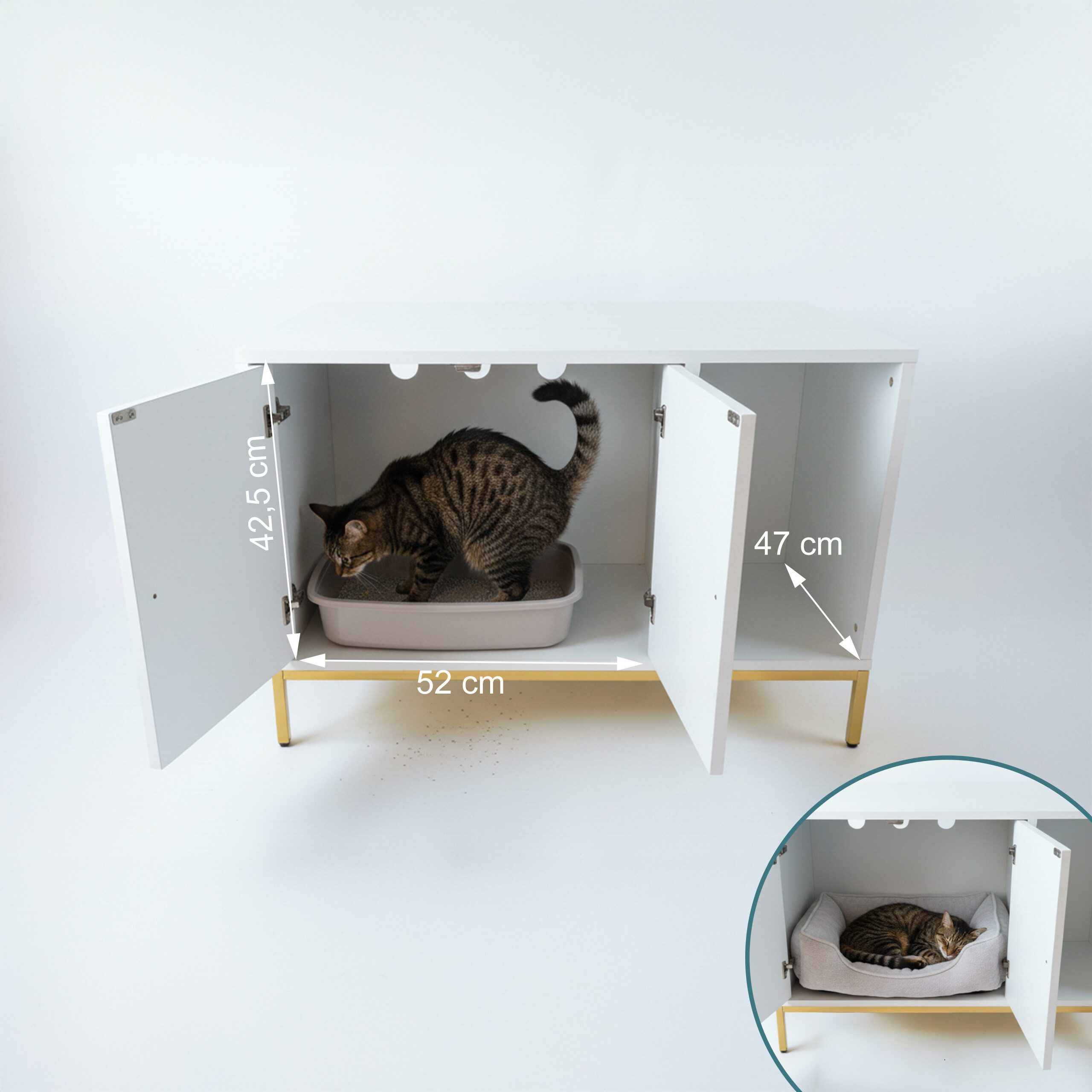 relaxdays Katzenhaus Katzenschrank für Katzenklo, Weiß/Gold
