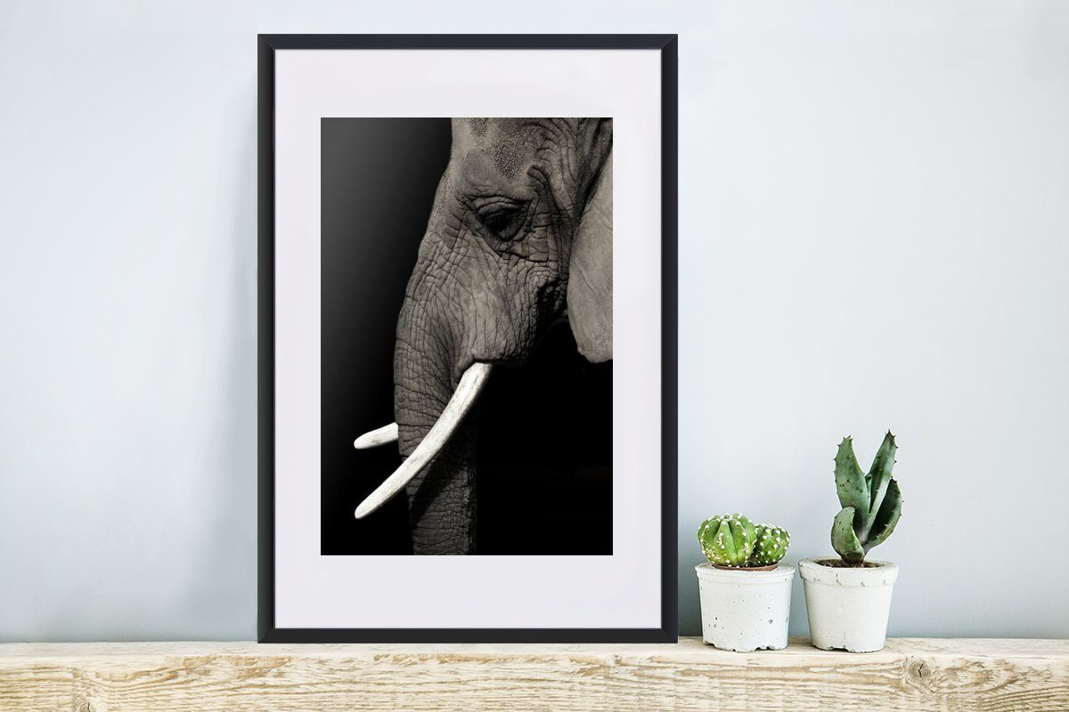 Bilderrahmen mit Rahmen, MuchoWow - (1 Kunstdruck, Poster, Tier - St), Gerahmtes Elefant Schwarzem Stoßzahn, Poster