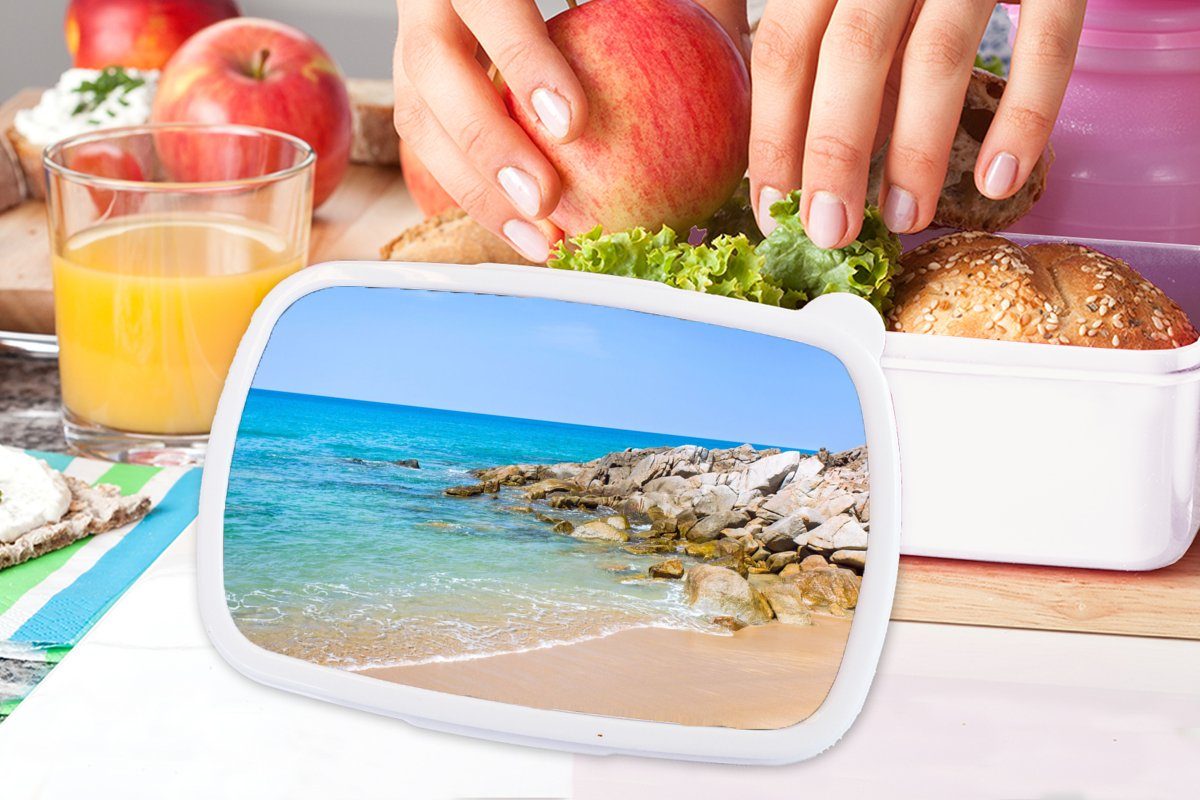 MuchoWow Lunchbox Strand Meer - Mädchen Brotbox Jungs Sommer, - Brotdose, Erwachsene, Tropisch (2-tlg), für und für - weiß Kunststoff, und Kinder