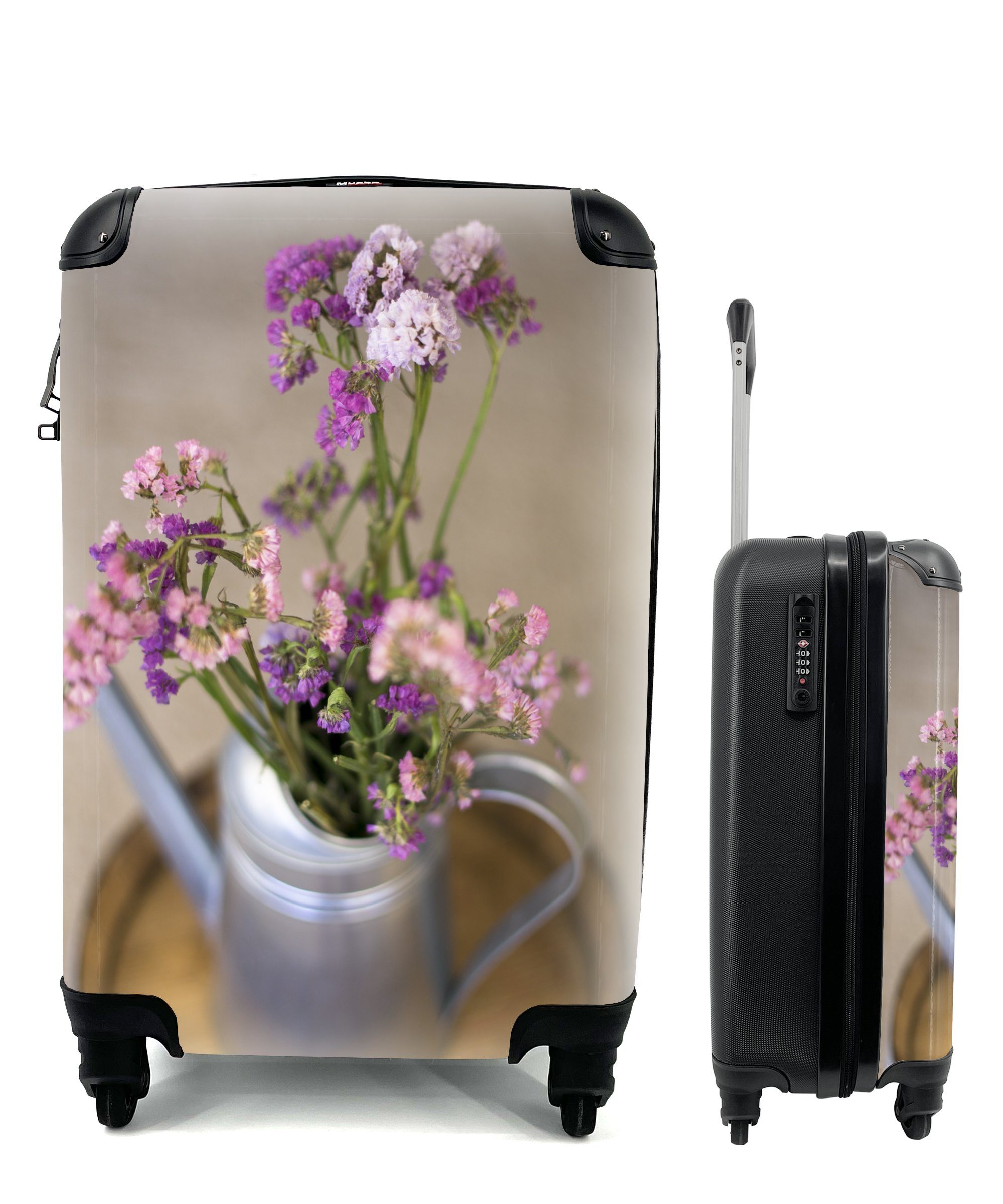 MuchoWow Handgepäckkoffer Gießkanne - Ferien, Lila, Handgepäck - für rollen, Reisekoffer Rollen, Trolley, mit Reisetasche 4 Blumen