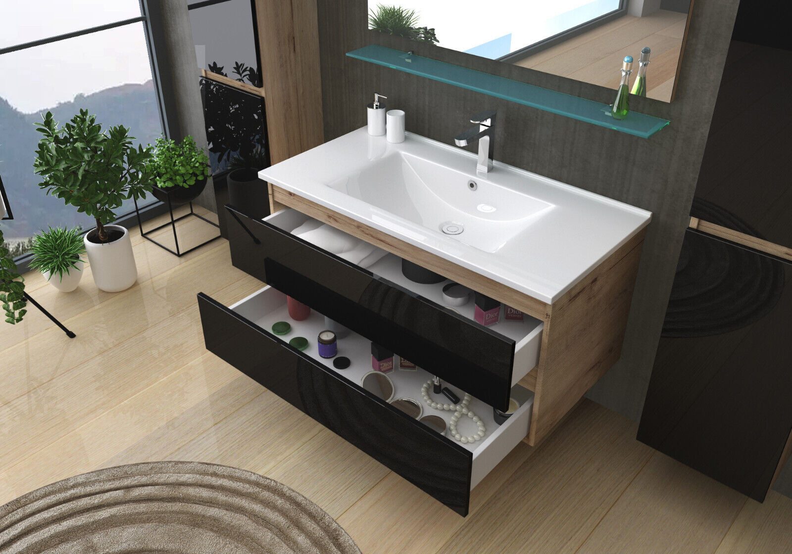 Homeline Badmöbel-Set Bad Möbel Set, Hochglanz, Eiche schwarz und weiß Soft günstig online kaufen