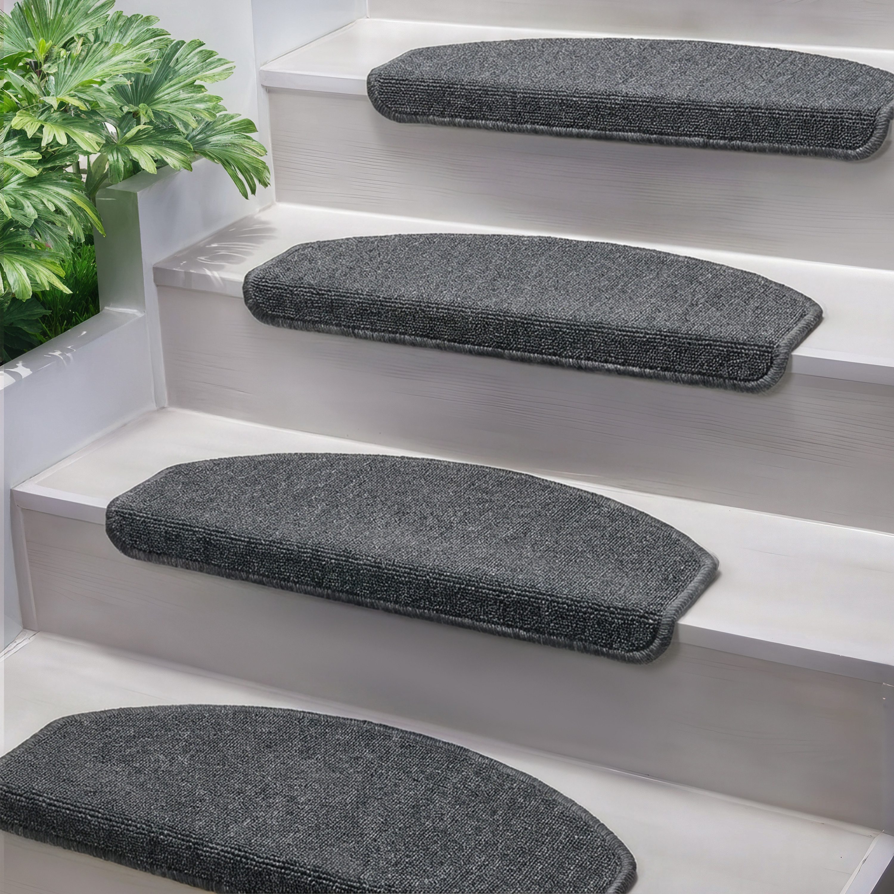 Björn&Schiller Stufenmatte Rutschfest Treppenmatten Halbrund, Treppenteppich Dunkelgrau, 15er Set, Halbrund, Selbstklebende Treppenschoner, robuste Antirutschmatten Treppenschutz