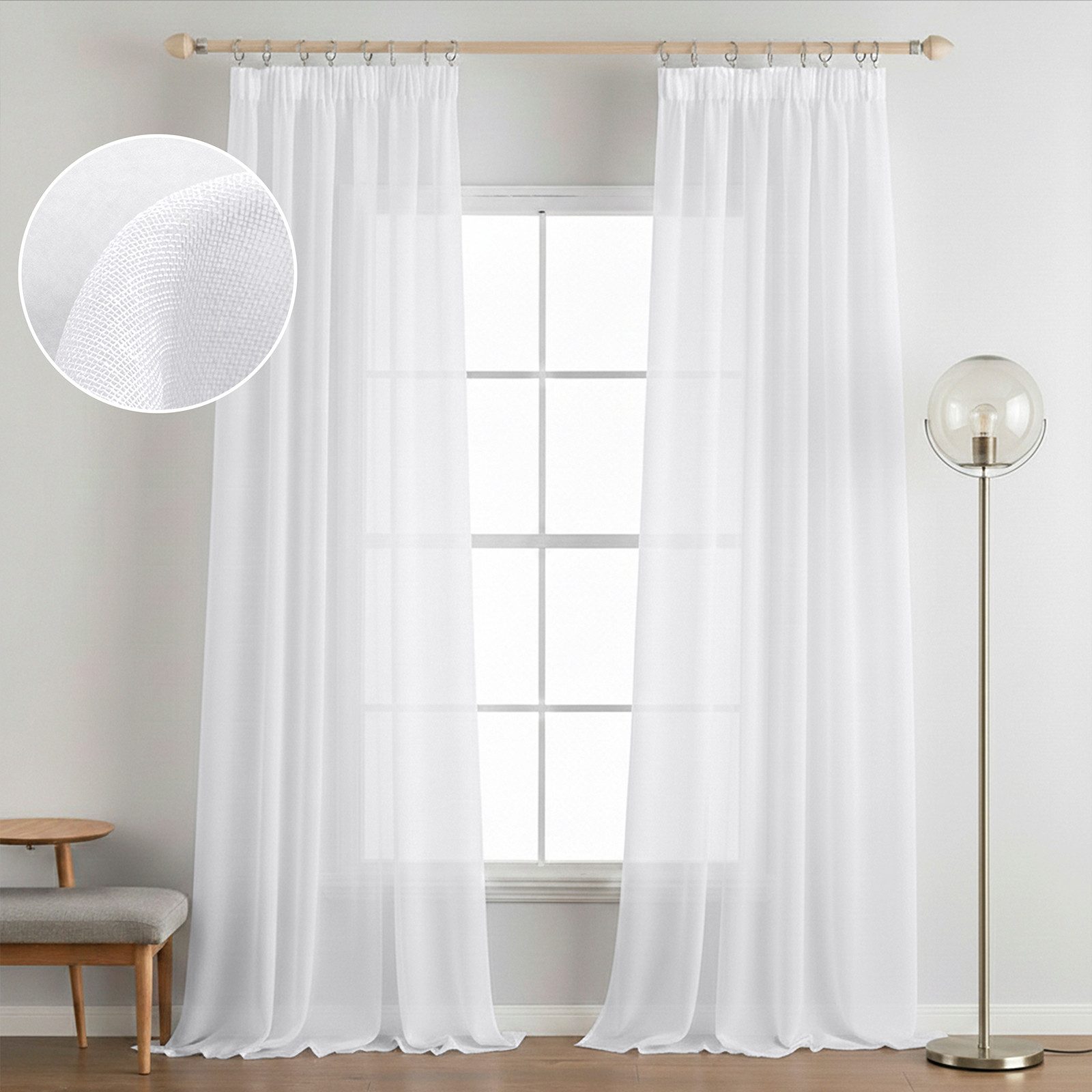 Rosnek Vorhang Voile Gardinen Weiß 2er Set, 244 cm, halbtransparent, Kräuselband (2 St), Transparente Fenstergardinen mit Stangendurchzug, 70 g/m² Voile