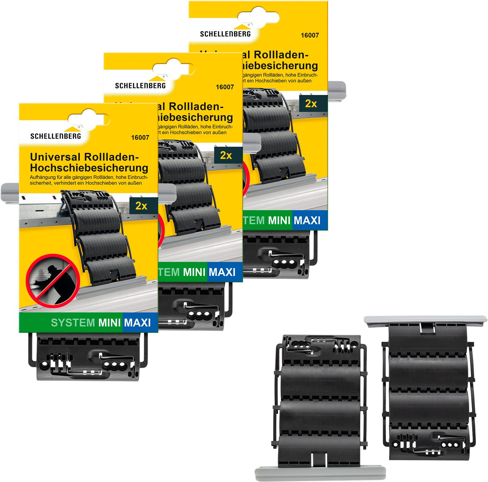 SCHELLENBERG Rollladensicherung Universal Hochschiebesicherung, feste Wellenverbinder (Set, 6-tlg), Rollladen-Sicherung, System Mini und Maxi, einbruchshemmend