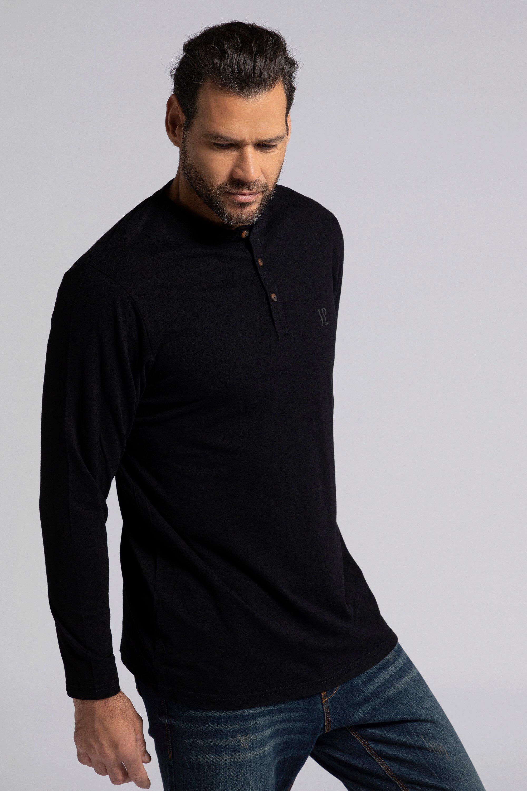 JP1880 T-Shirt Henley Basic Shirt Langarm Knopfleiste bis 8XL schwarz | Rundhalsshirts