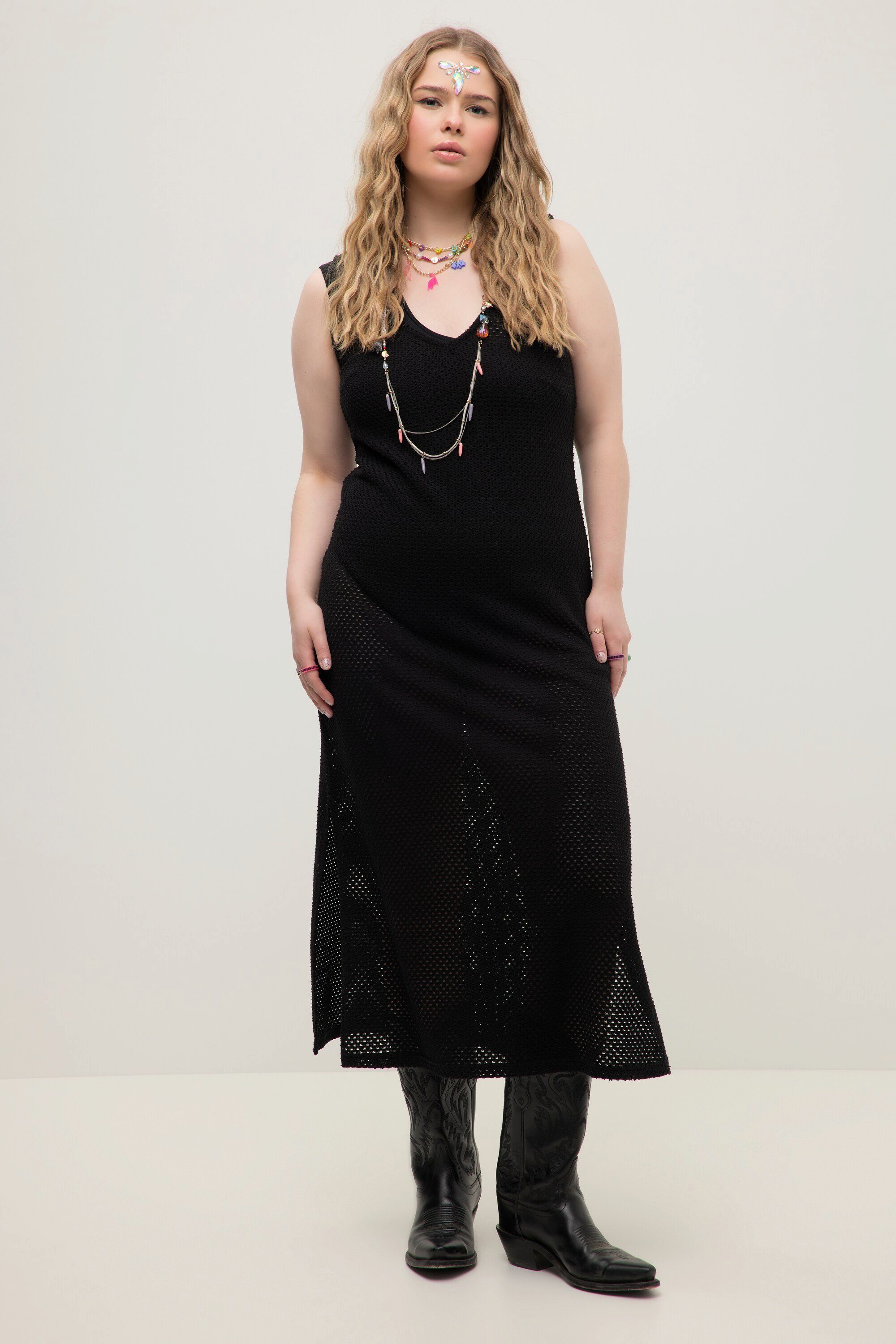 Midikleid Netzkleid Midilänge Loose Fit V-Ausschnitt