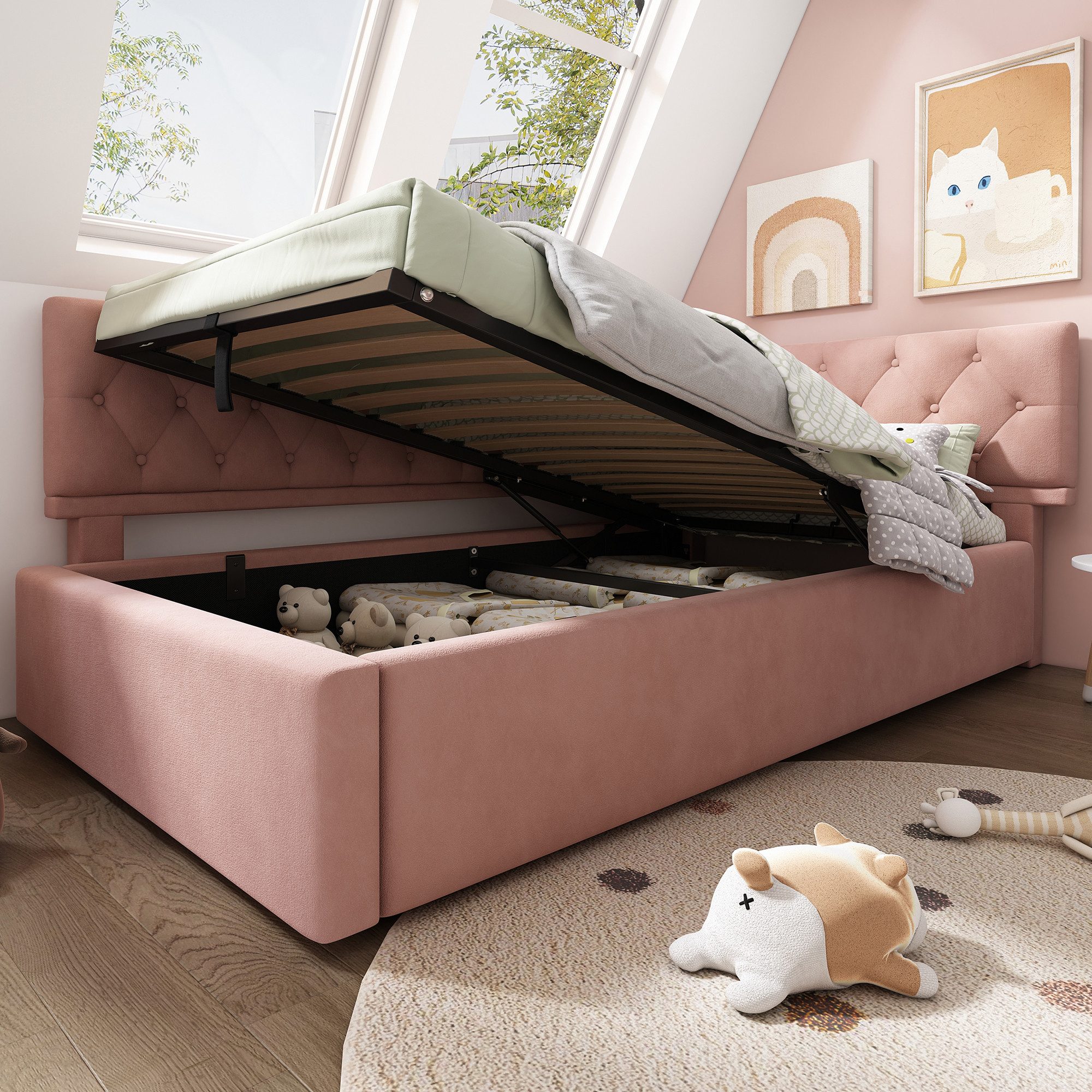 Flieks Polsterbett, Kinderbett Daybett 90x200cm Schlafsofa mit hydraulischem Stauraum