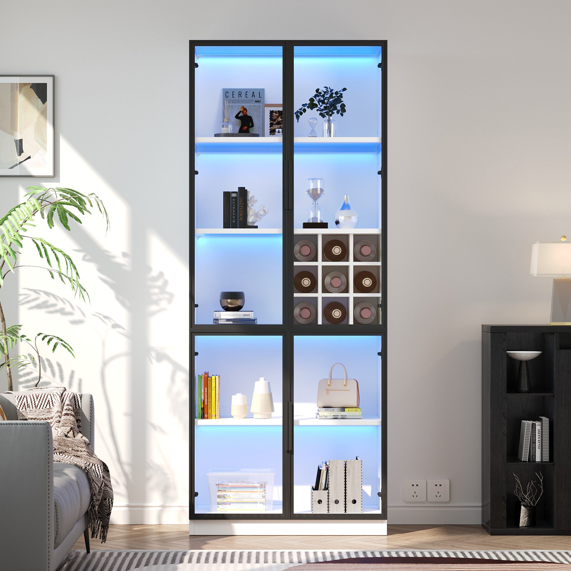 Merax Glasvitrine Standvitrine Hochschrank mit LED-Beleuchtung & 5-stufiger Stauraum (Weinschrank Sideboard Hochschrank, 1-St) Vitrine mit 2 Glastüren, Glasregal & integriertem Weinfach,80x35x200cm