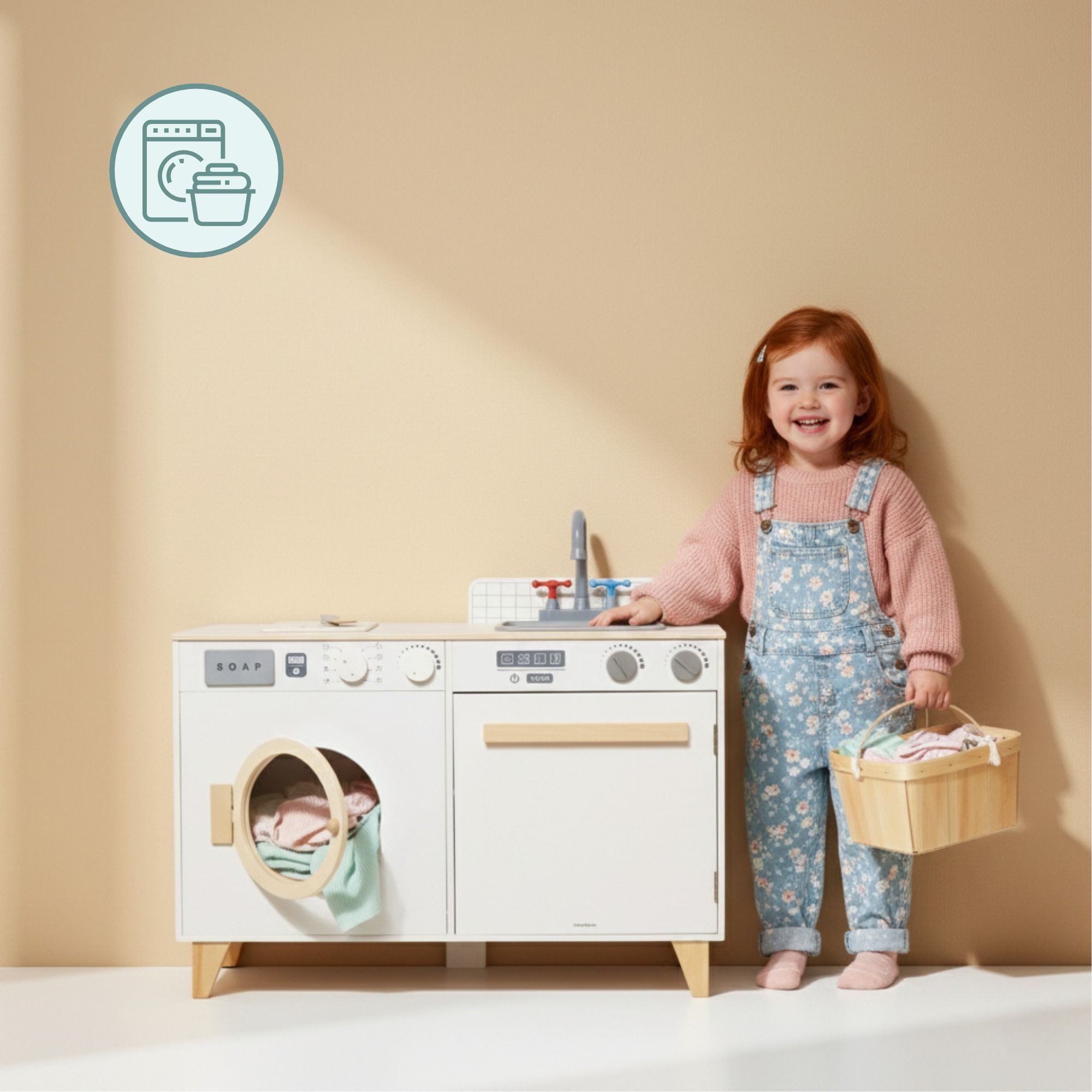 Mamabrum Kinder-Waschmaschine Holz-Kinderküche & Waschmaschine 2in1 – realistisches Spielset