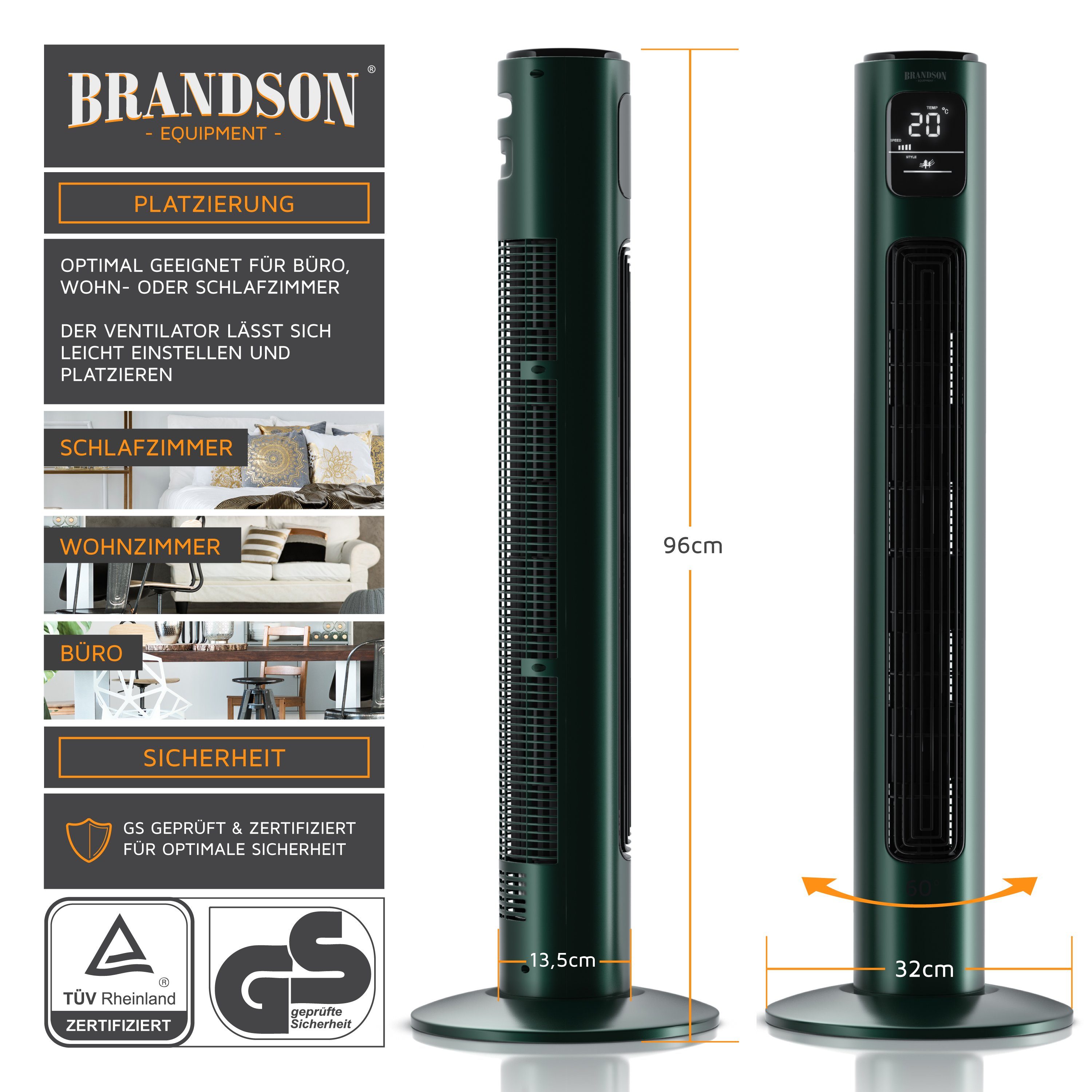 Turmventilator, Green Brandson 96cm, Racing Standventilator Oszillation, Fernbedienung, Timer,