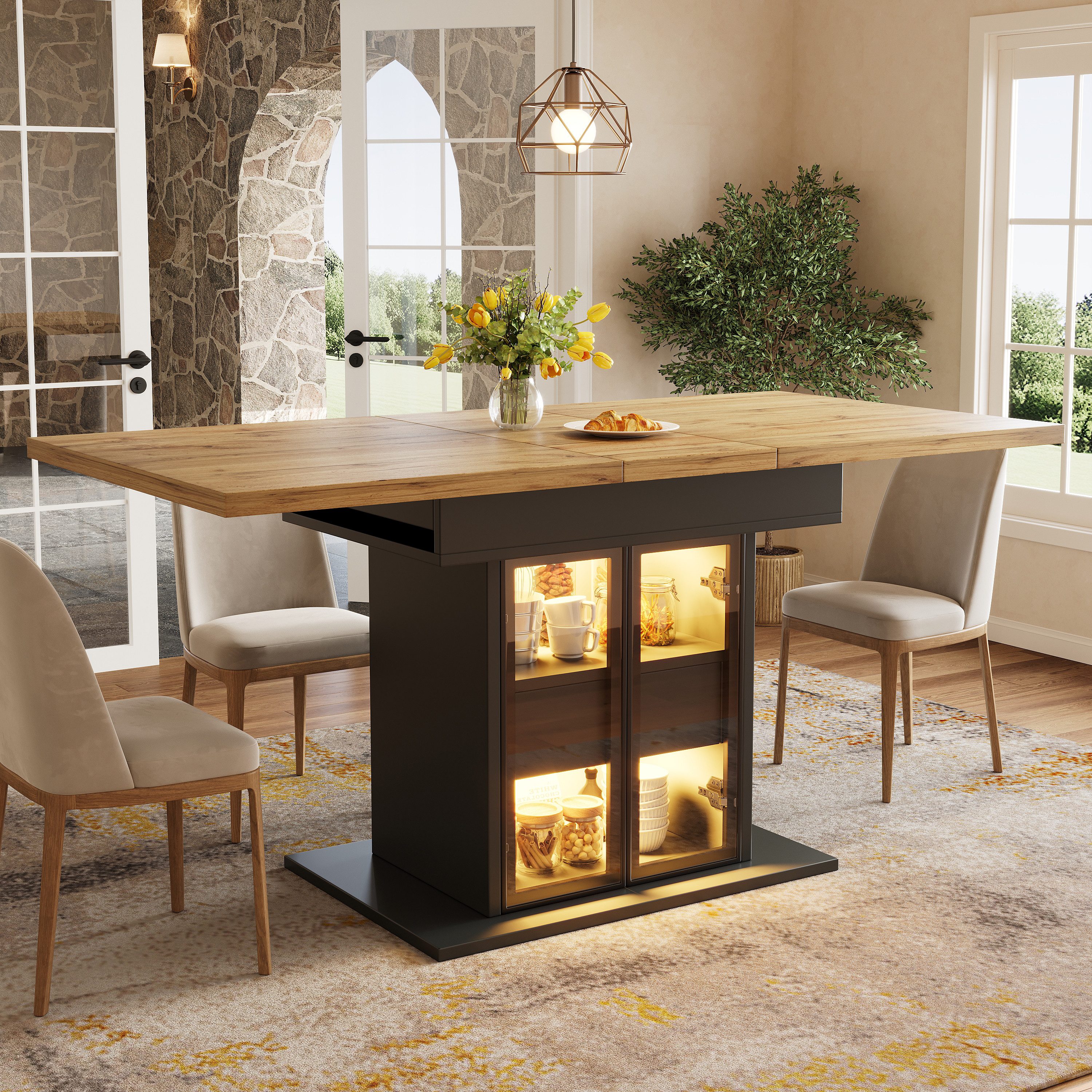 Flieks Esstisch mit LED-Beleuchtung, Glas-Doppeltüren & versteckte Schubladen (Längenverstellbar 110-140x80x78 cm, 1-St., 1 Tisch), ausziehbarer Küchentisch Bürotisch Schreibtisch Holzoptik Schwarz