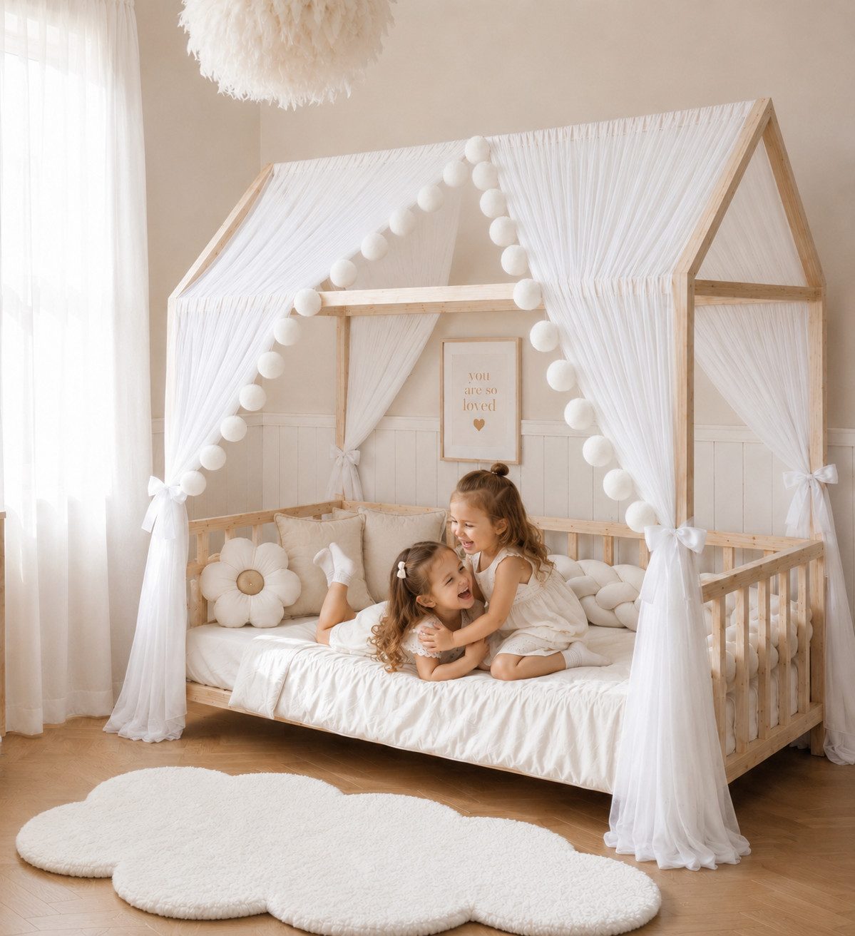 Baby Fancyroom Betthimmel Betthimmel Tüll Hausbett Kinderbett 2 Stück 340cm 380cm Montessori (3-tlg. Set mit 2x Betthimmel und einer 20er Pomponkette, Baldachin, Kinder Betthimmel Baldachin Himmel Deko Set), Betthimmel für Hausbett Montessori