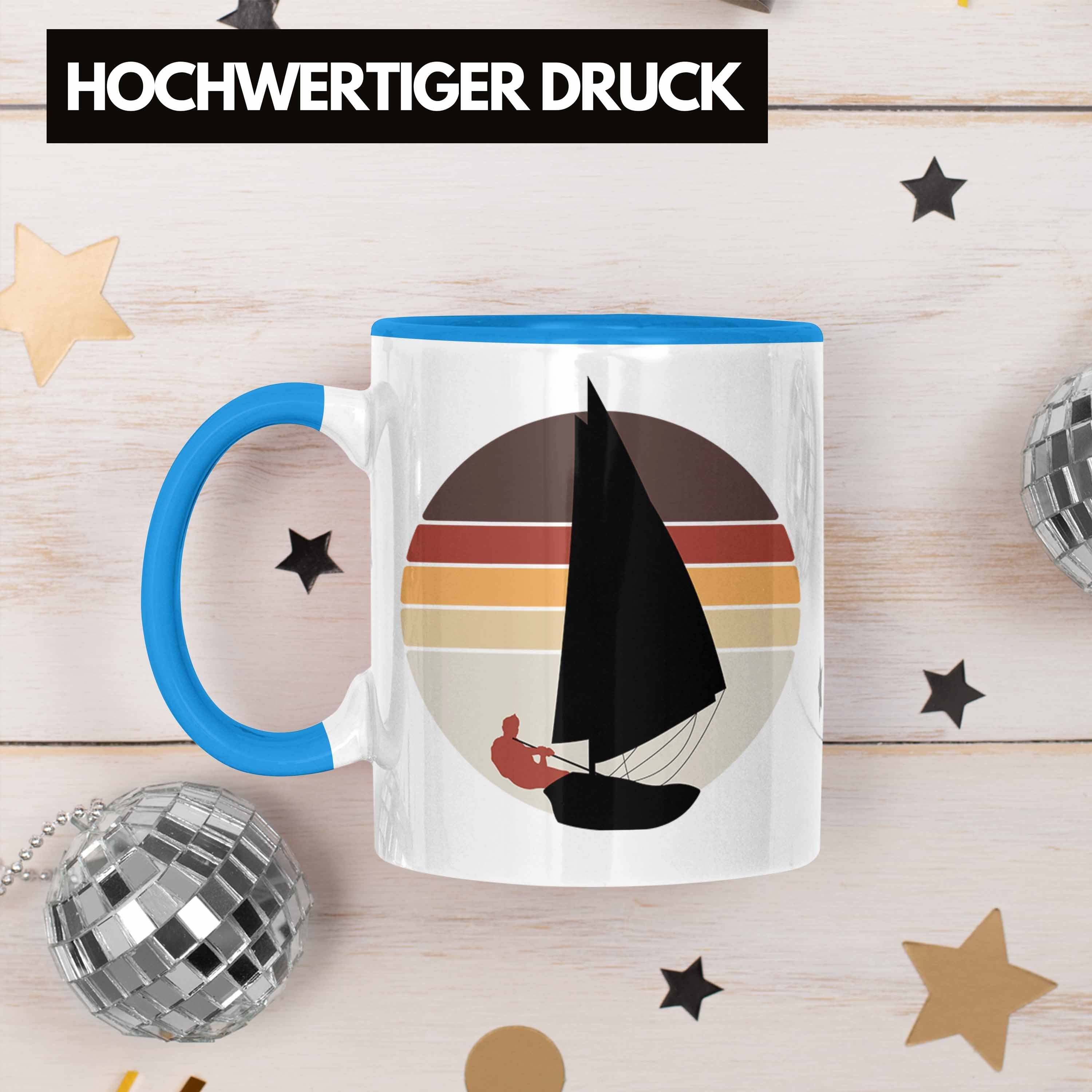 für Untertasse Windsurfer Wind Retro Geschenkidee Trendation Geschenk Tasse Sonnenuntergang Blau