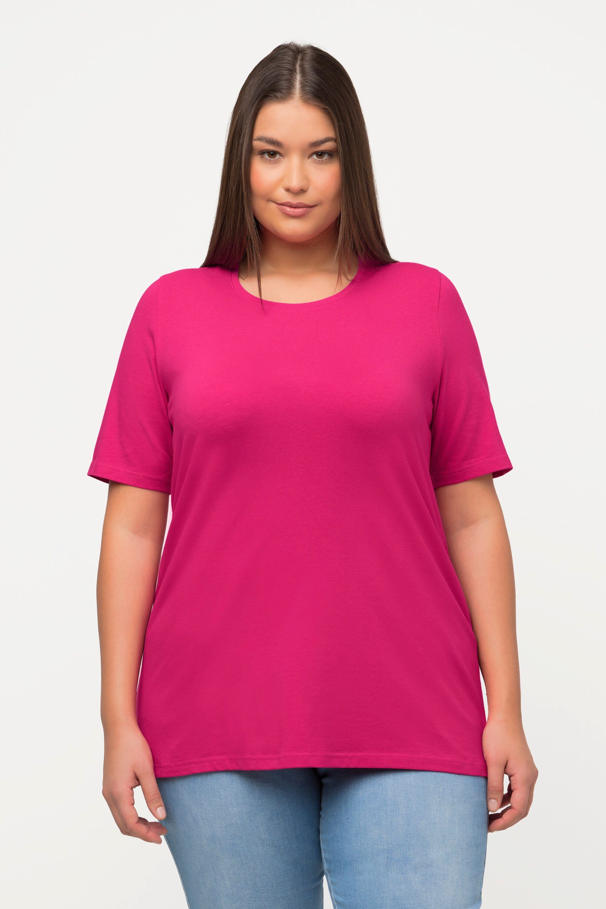 Rundhalsausschnitt T-Shirt Ulla pink Halbarm Rundhalsshirt A-Linie Popken fuchsia