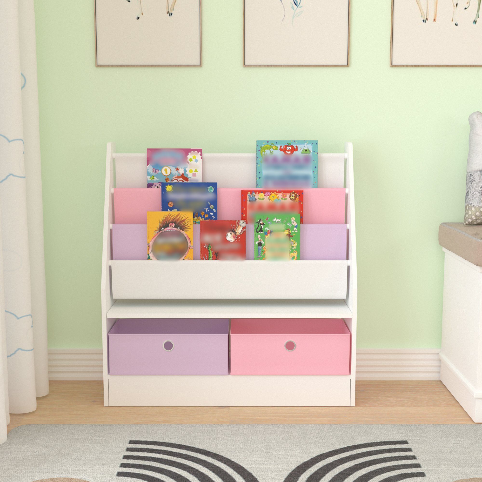 en.casa Bücherregal, »Neda« Kinderregal 74x71x23 cm mit Einhorn-Motiv Weiß/Lila/Rosa