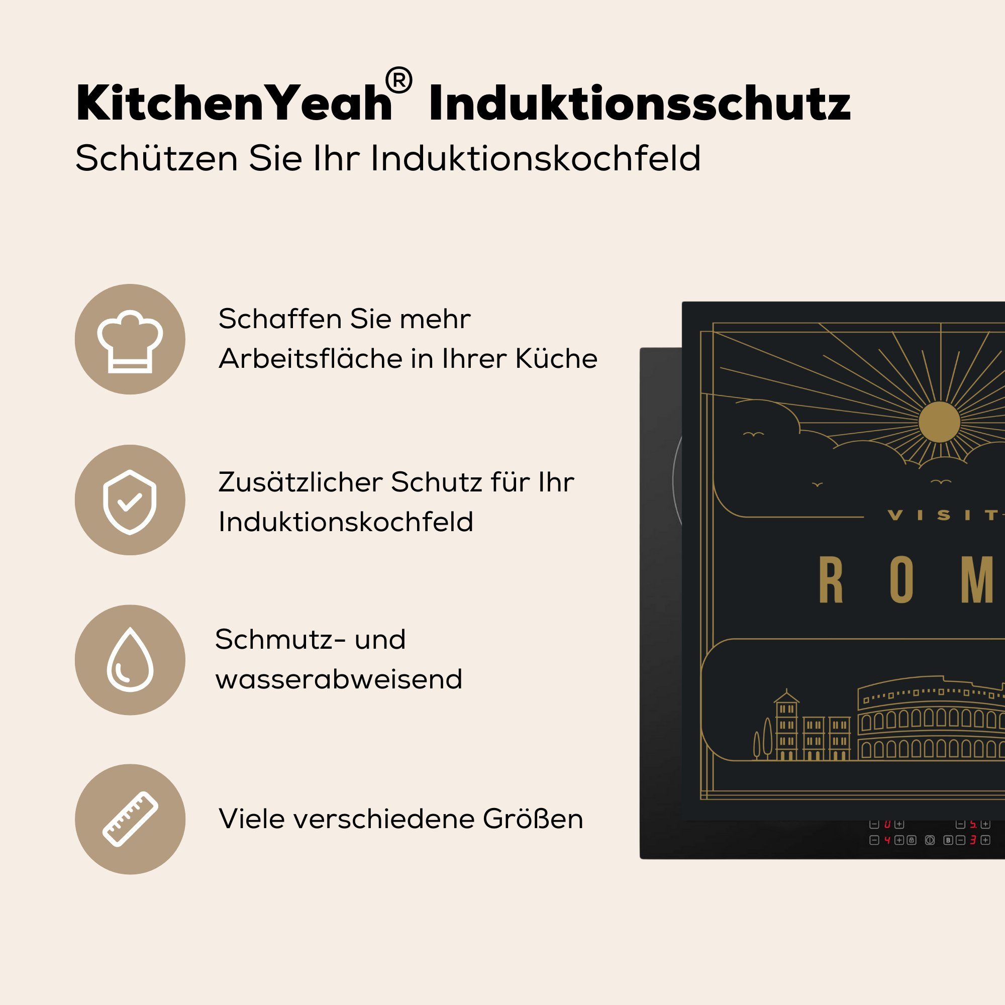 cm, küche Rom Ceranfeldabdeckung, MuchoWow schwarz, für (1 Herdblende-/Abdeckplatte 78x78 Vinyl, - Stadtbild Arbeitsplatte tlg),