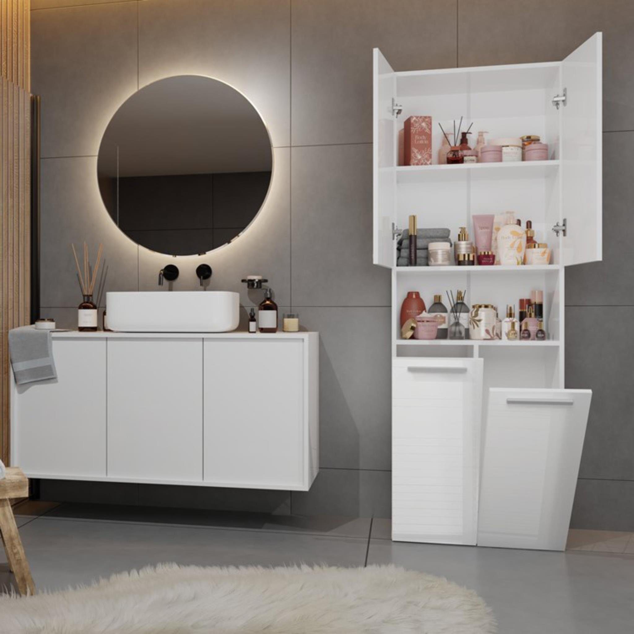 Beautysofa Hochschrank Nolan 2k DK breit, 2 (Badregal Klapptüren Badezimmerschrank und mit cm Weiß 2 mit 3 Hochglanz mit Klapptüren) Fachböden, 60 Drehtüren