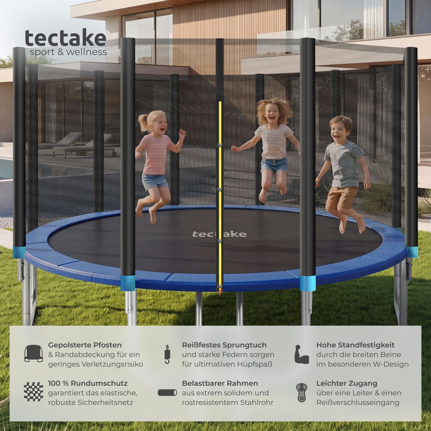 tectake Gartentrampolin Kindertrampolin mit Einstiegsleiter und Sicherheitsnetz Ø 457 cm, (Outdoortrampolin Garfunky, in schwarz/blau), GS zertifiziert, Randabdeckung, reißfestes Sprungtuch