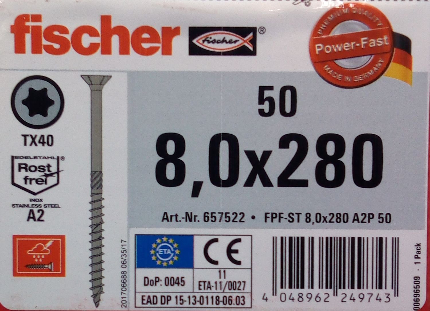 Thumbnail - Fischer Befestigungstechnik Spanplattenschraube 50x fischer Holzschraube 8,0x280 Edelstahl A2 TX Senkkopf Teilgewinde, (...