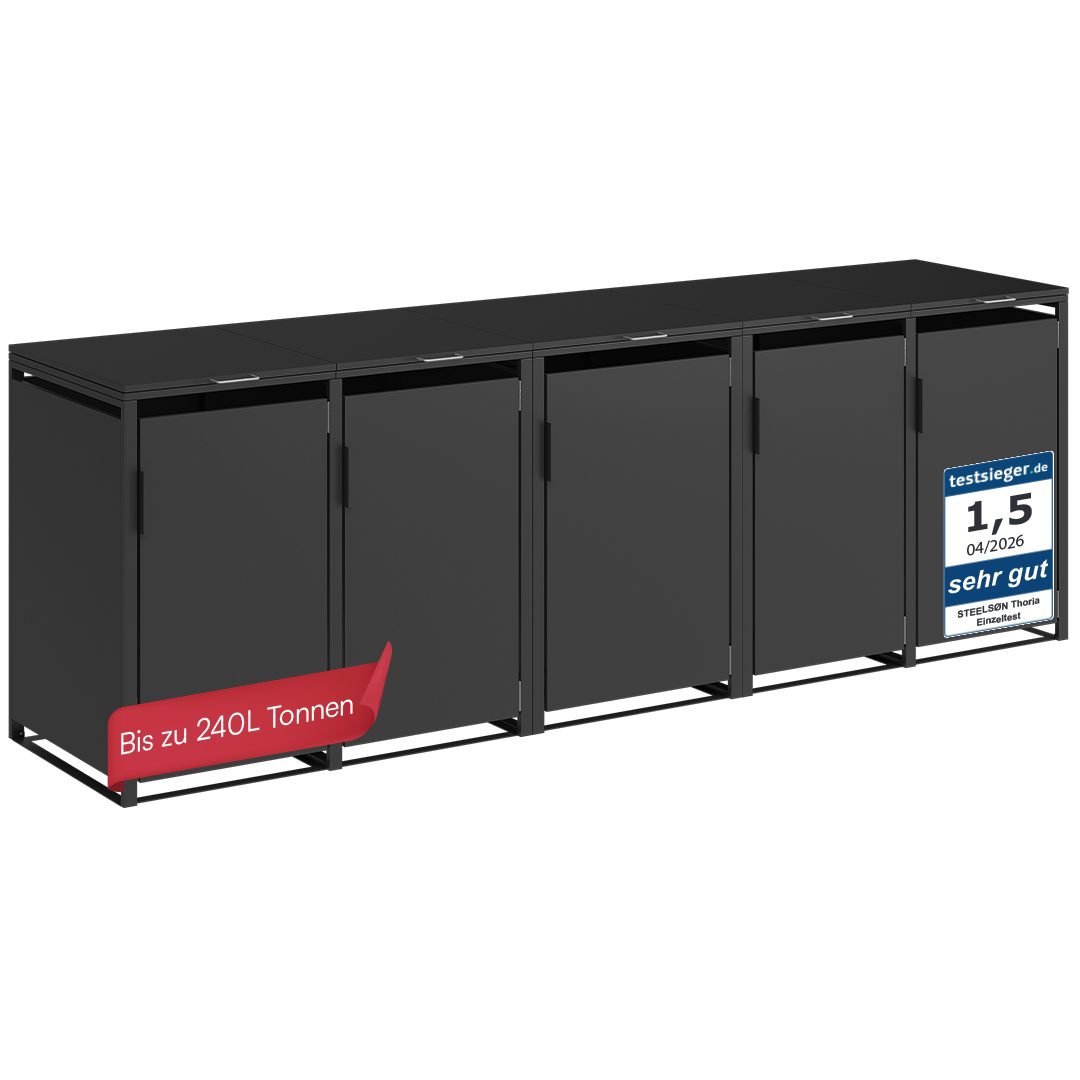 STEELSØN Mülltonnenbox Thoria 240L aus verzinktem Stahl (Graphitschwarz, verfügbar mit 1, 2, 3, 4, oder 5 Türen), Für 5 Tonnen