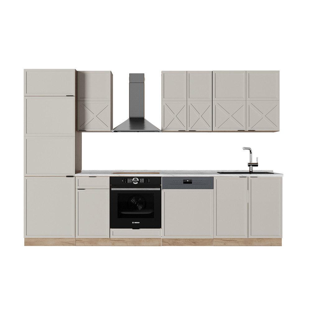 Vicco Küchenzeile Fame-Line, GrauBeige/Goldkraft Eiche/Goldkraft Eiche, 300 cm ohne A...