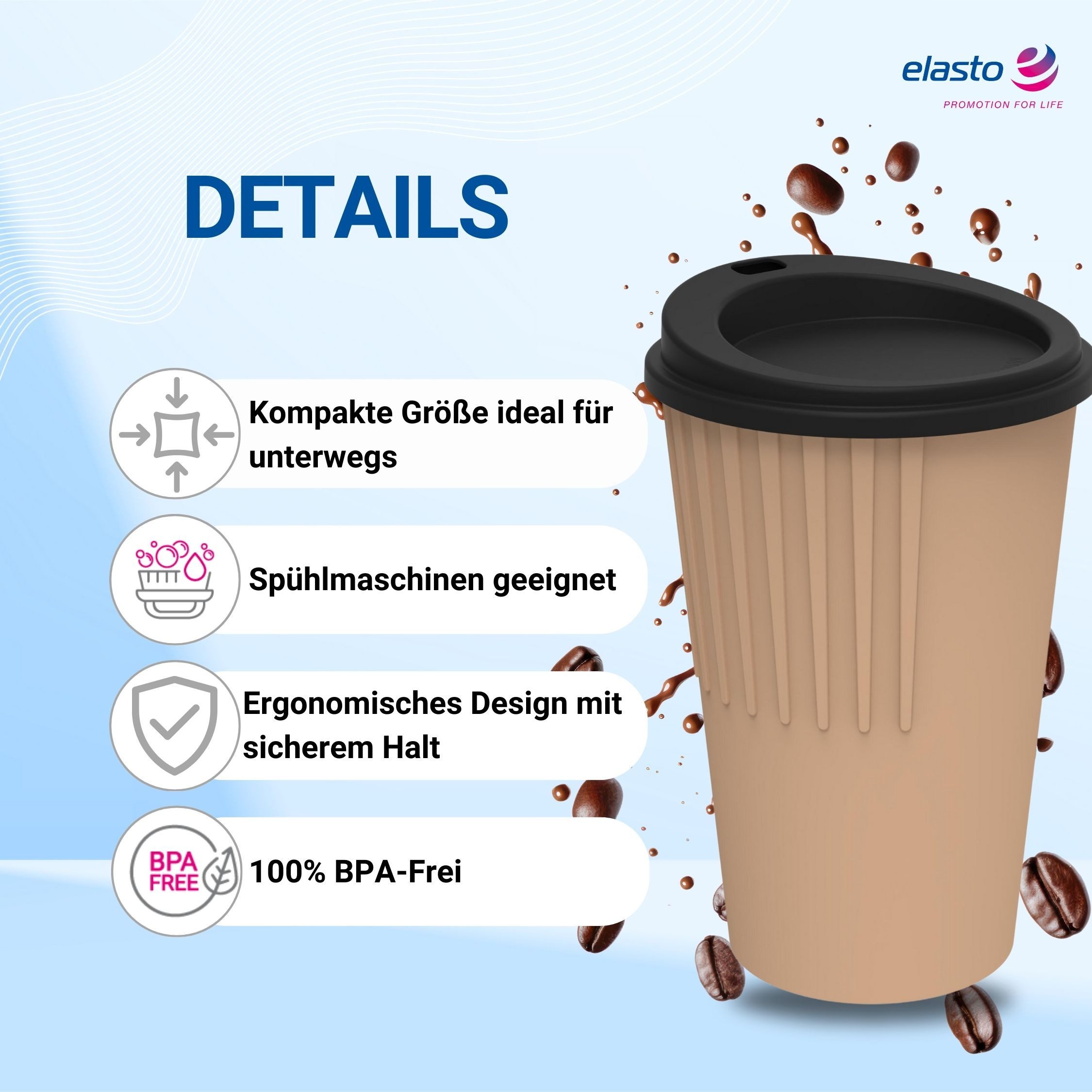 elasto Coffee-to-go-Becher Kaffeebecher 300 ml Trinkbecher mit Deckel und Riffel-Optik, Made in Germany, BPA-frei, 100% recyclebar, Heißgetränke, Teebecher