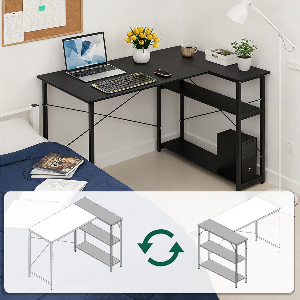 JEOBEST Schreibtisch Eckschreibtisch Computertisch 100 x 70 x 75 cm, (1-St), L-förmiger Schreibtisch, mit 2-Fach Regal & Stauraum – Bild 3 von 5