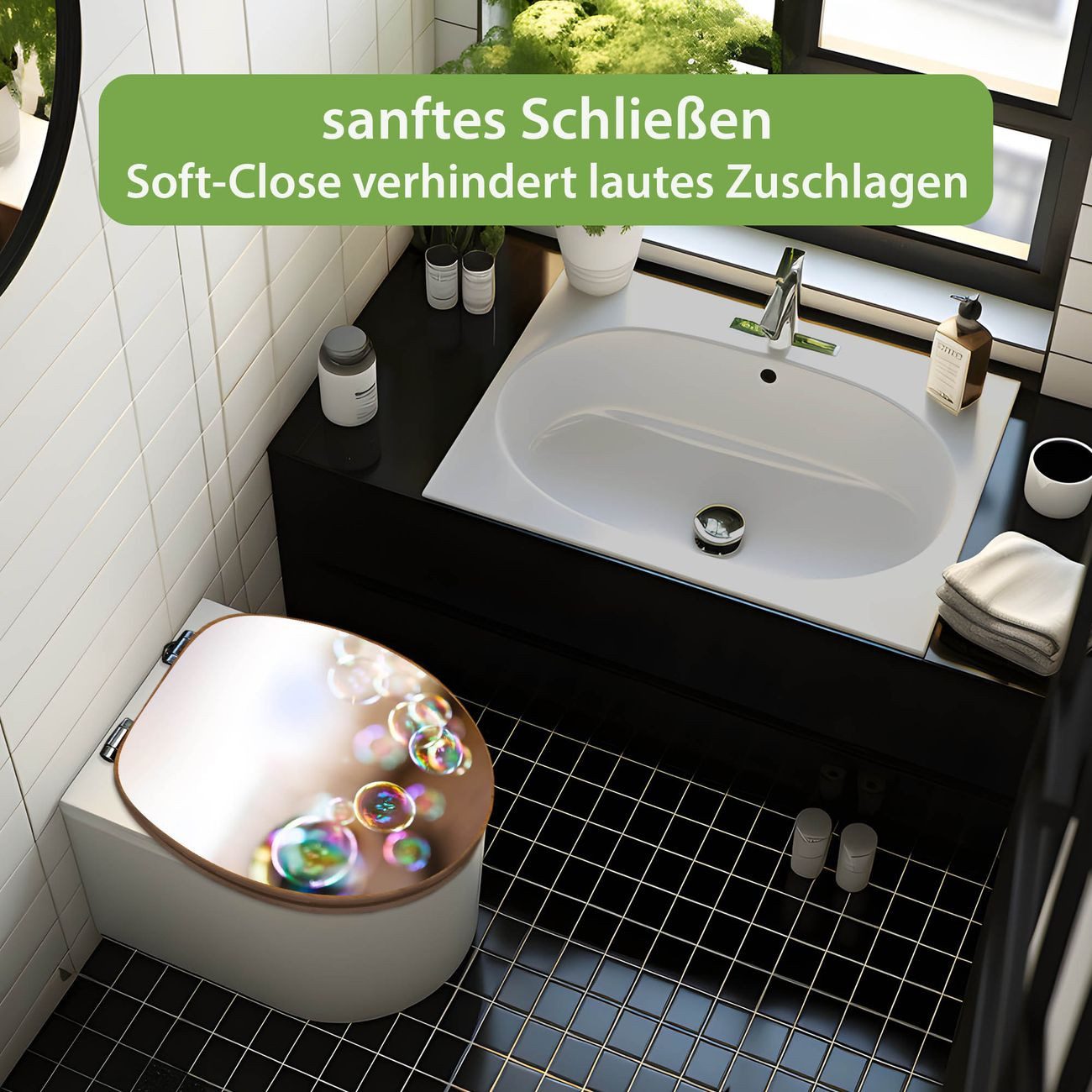 banjado WC-Sitz aus Bambus mit Absenkautomatik Motiv Seifenblasen (umweltfreundliches Material, integrierte Absenkautomatik), 45,8 x 37,5 x 5 cm